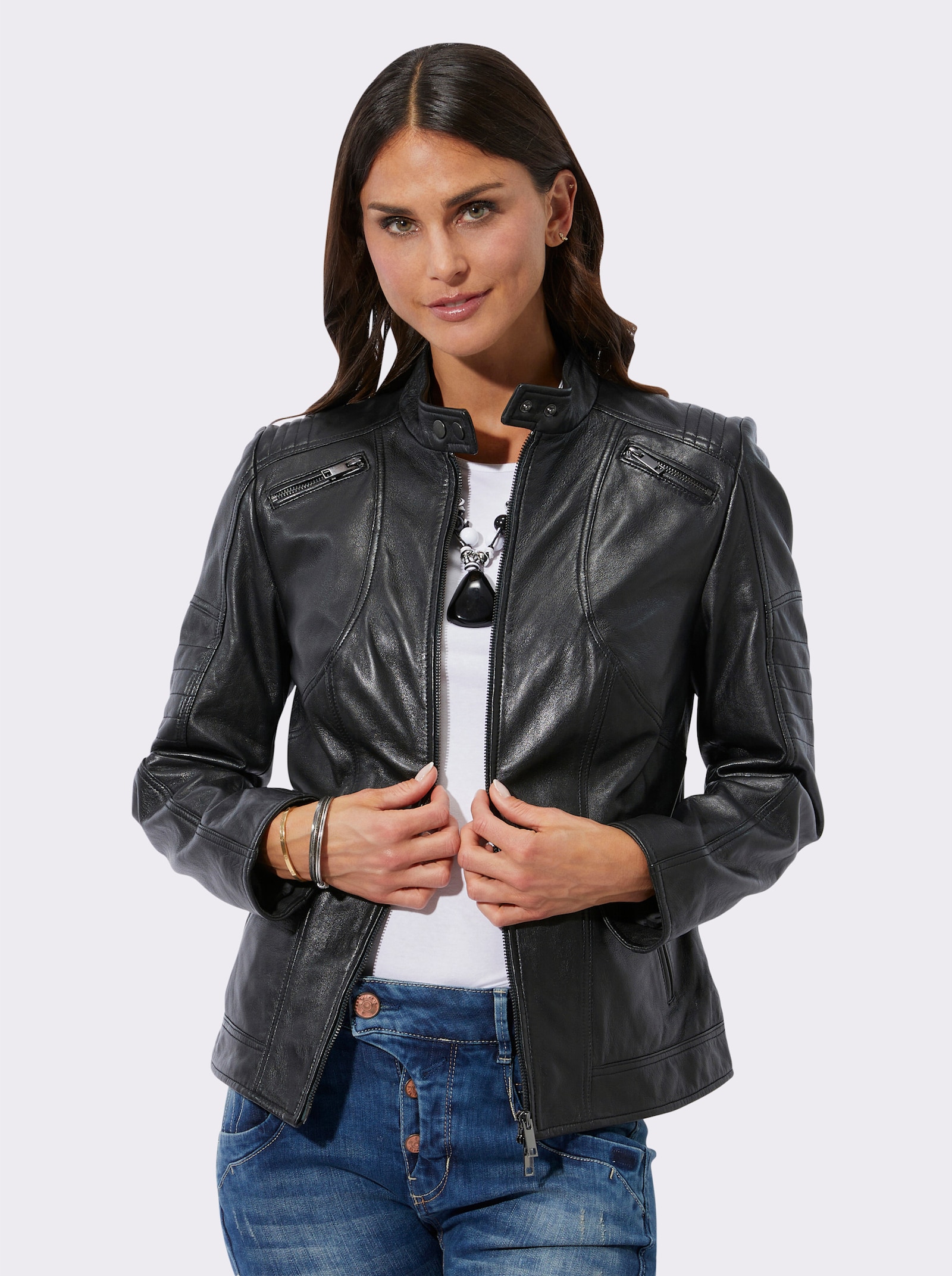 Lederjacke im Biker-Stil - schwarz
