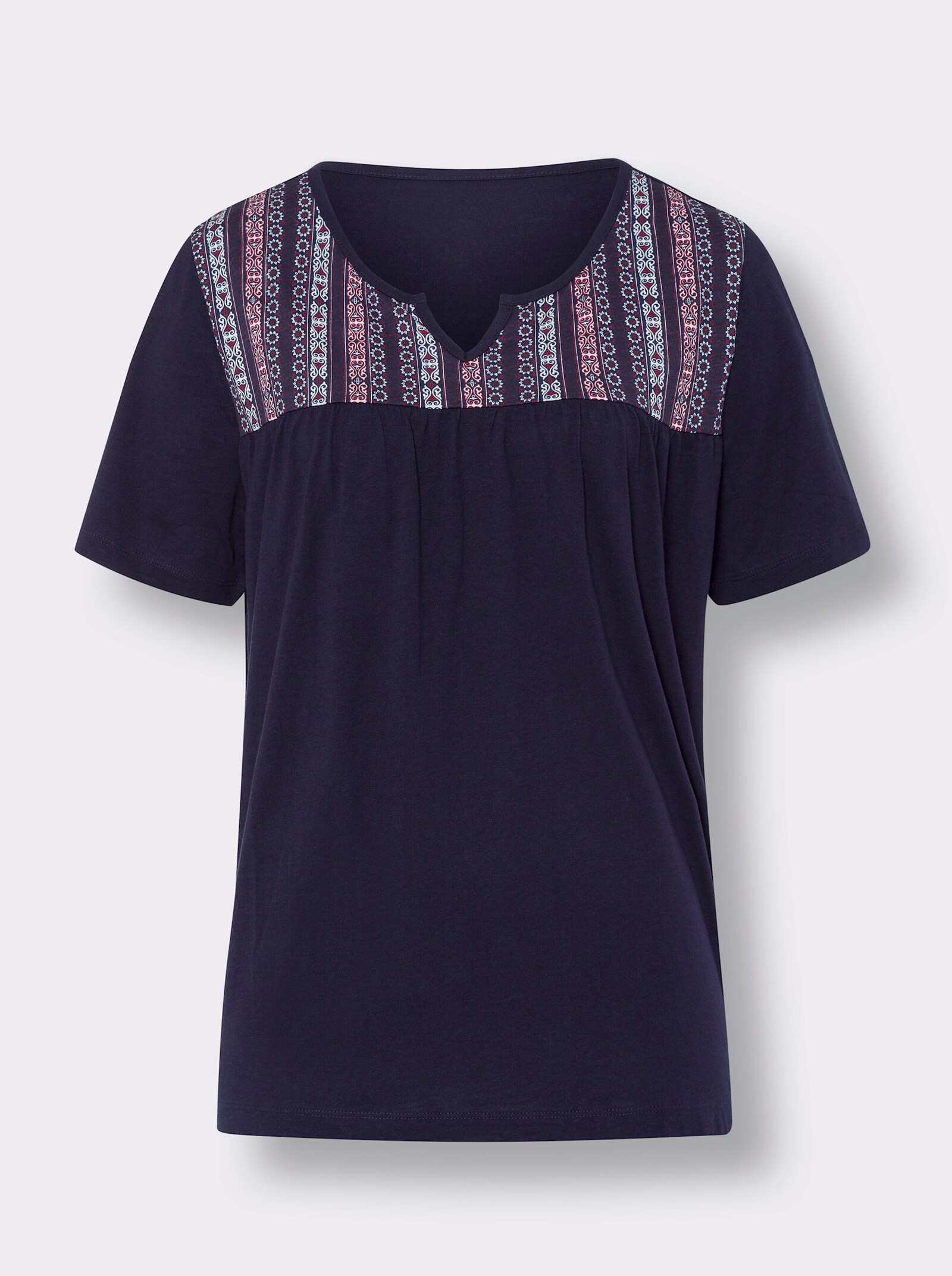 Tunikové tričko, etno potlač - námornícka modrá – écru s potlačou