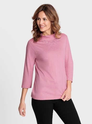 3/4-Arm-Shirt mit Blütenstickerei - altrosa