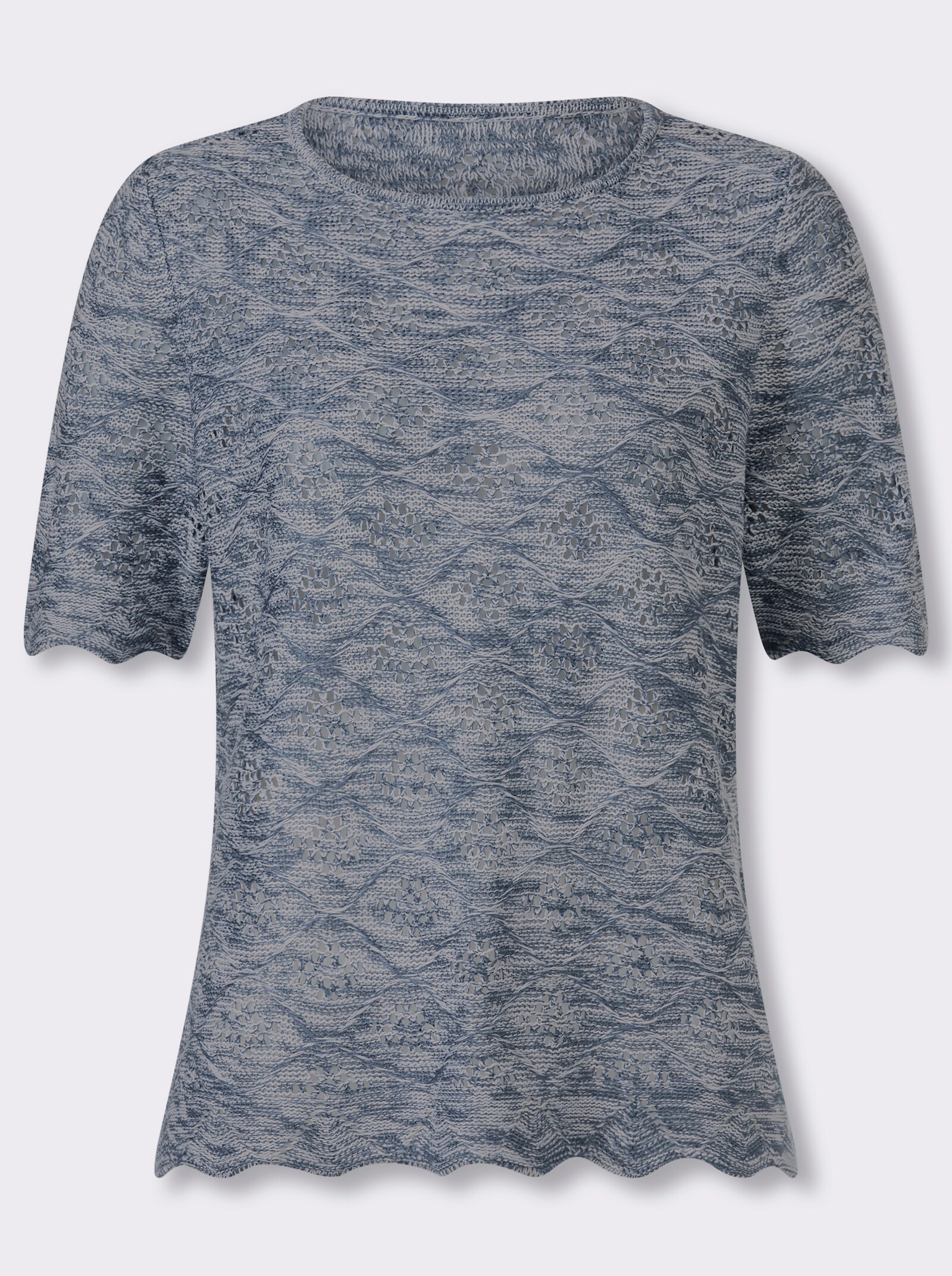 Kurzarmpullover mit Ajour-Muster allover - rauchblau-weiß-meliert