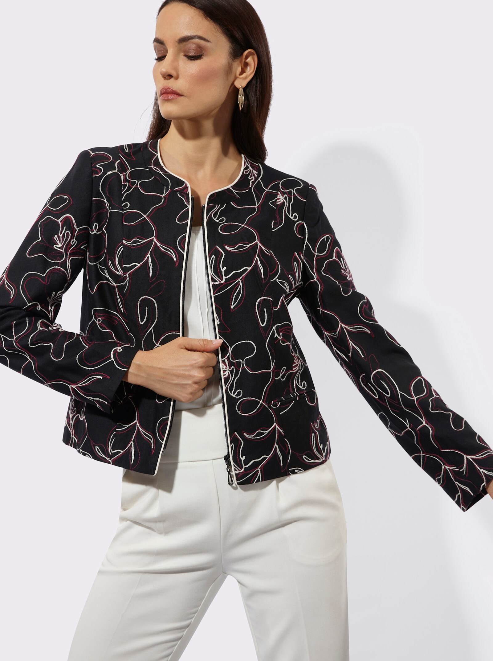 Blazer mit Kontrastpaspeln - schwarz-burgund-gemustert