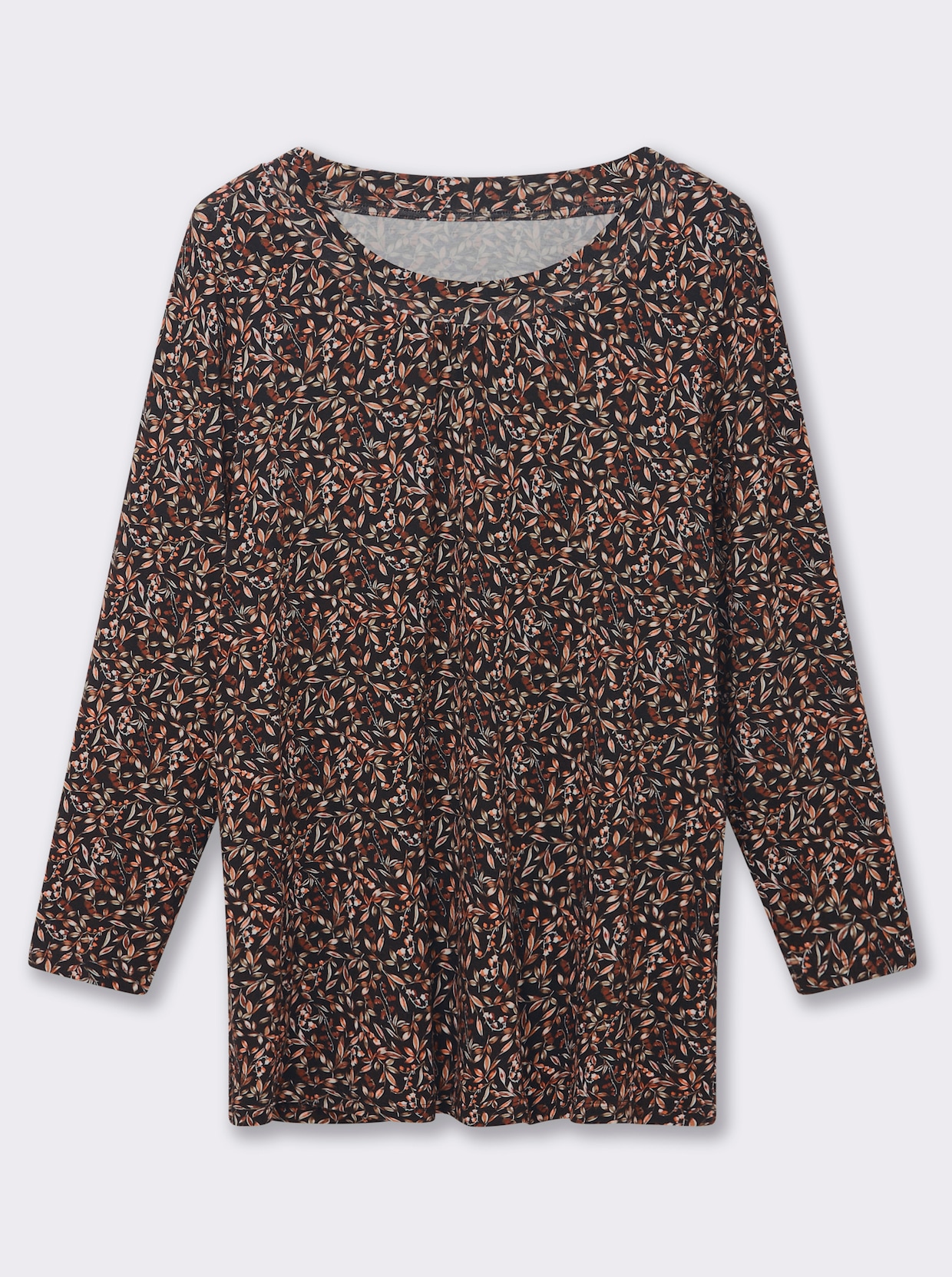 Tunikashirt mit Raffung am Ausschnitt - schwarz-rostrot-bedruckt