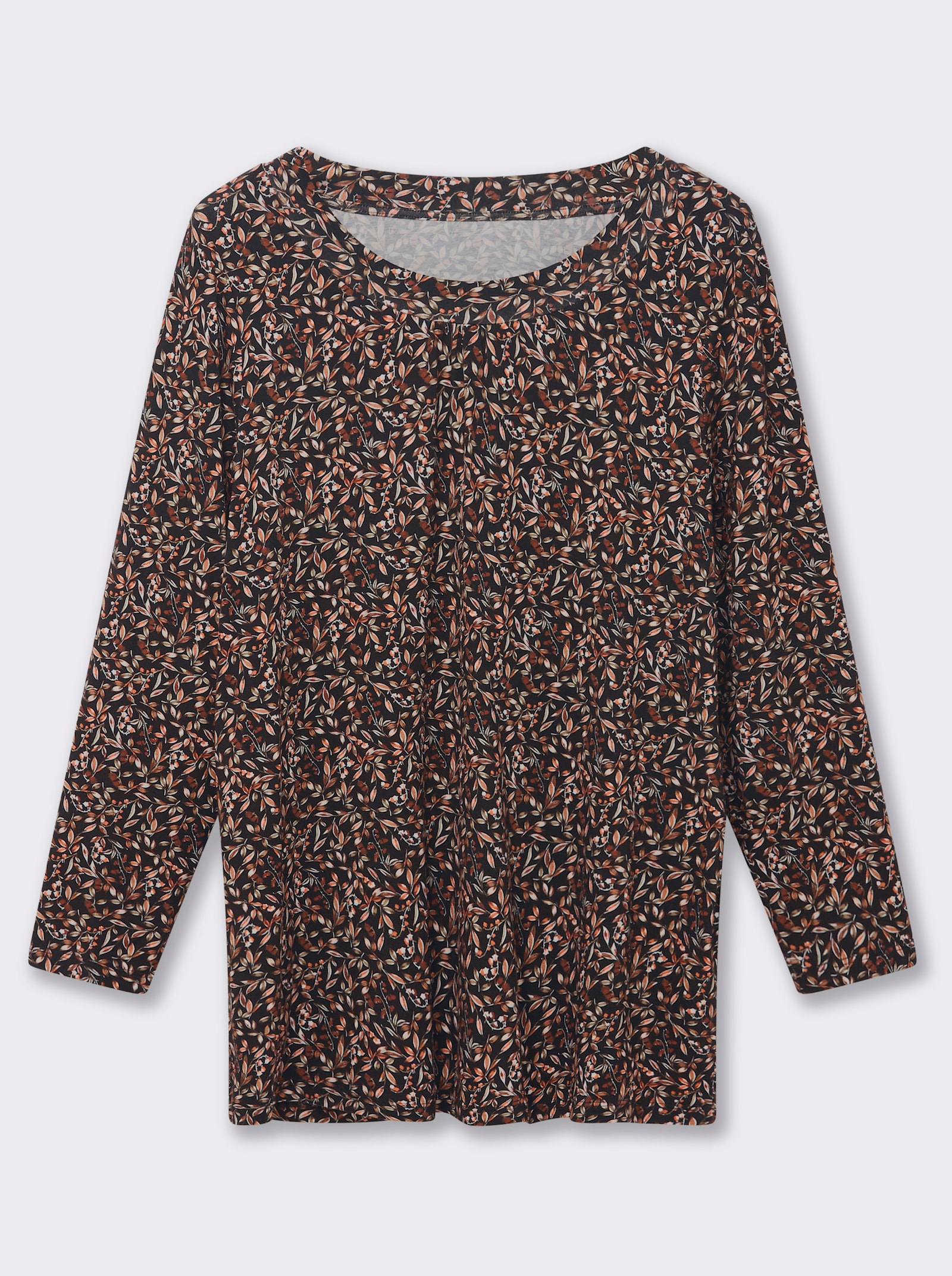 Tunikashirt mit Raffung am Ausschnitt - schwarz-rostrot-bedruckt