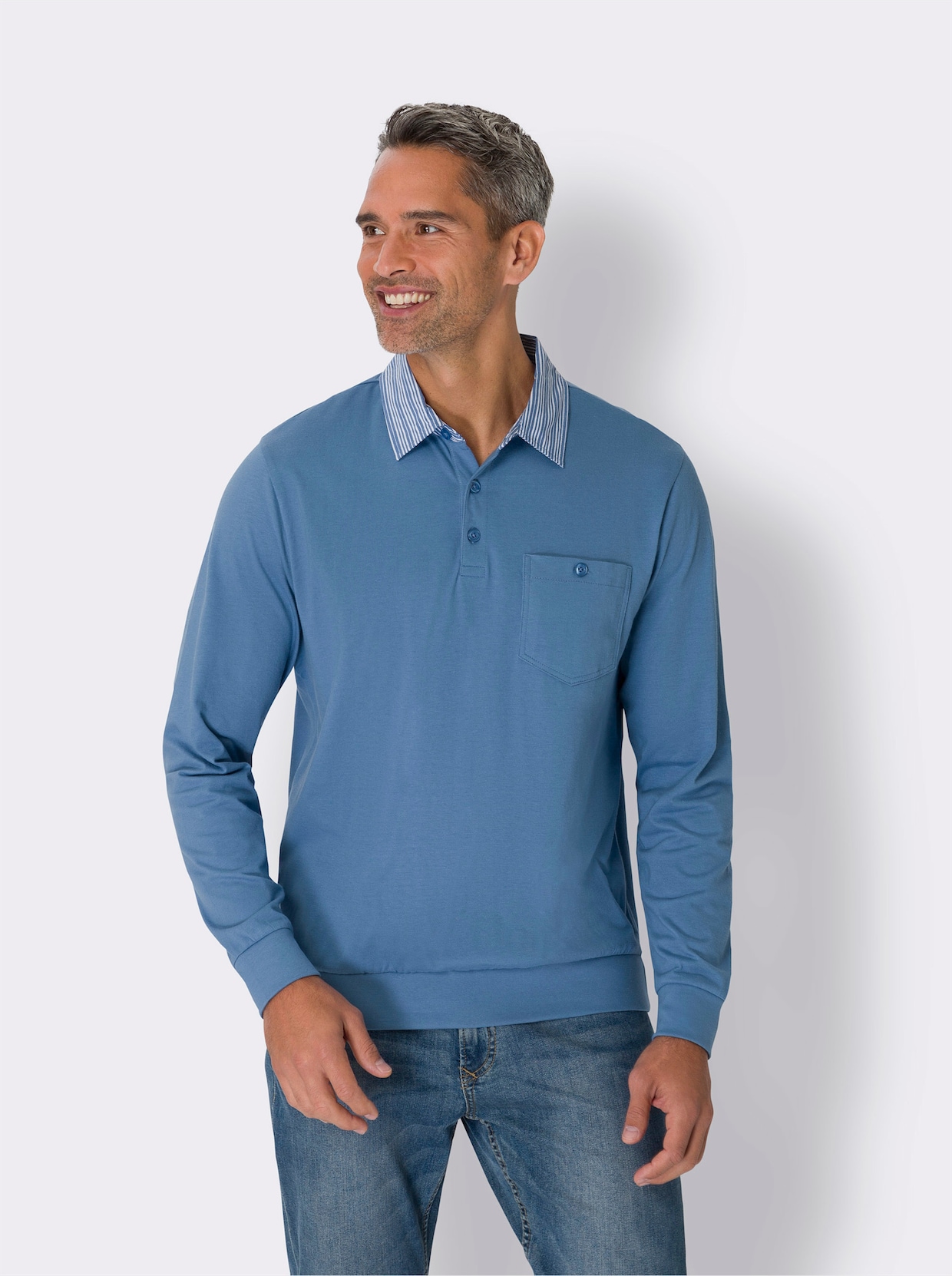 Langarm-Poloshirt - mittelblau