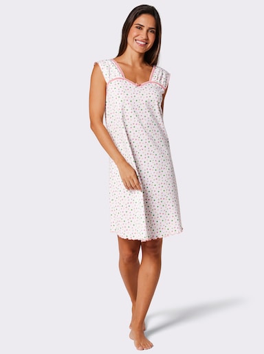 wäschepur Nachthemd in Uni und Tupfenprint - weiß-getupft + flamingo