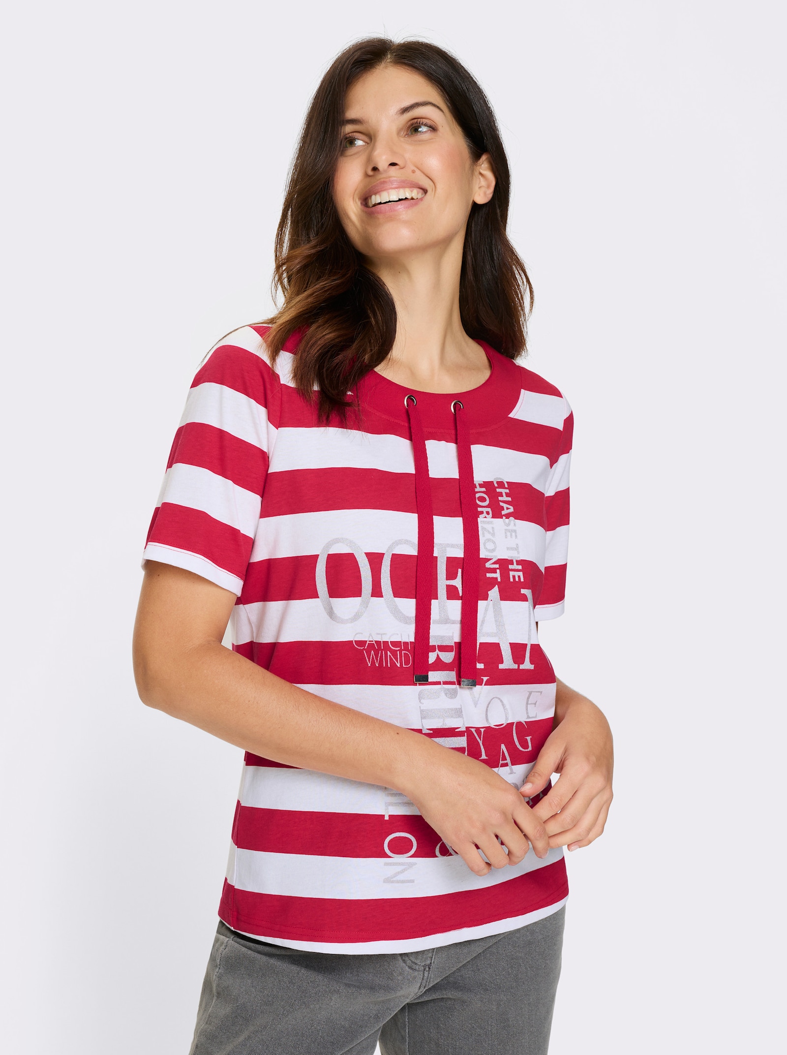 Kurzarmshirt mit Glitzer-Druck, gestreift - rot-weiß-geringelt