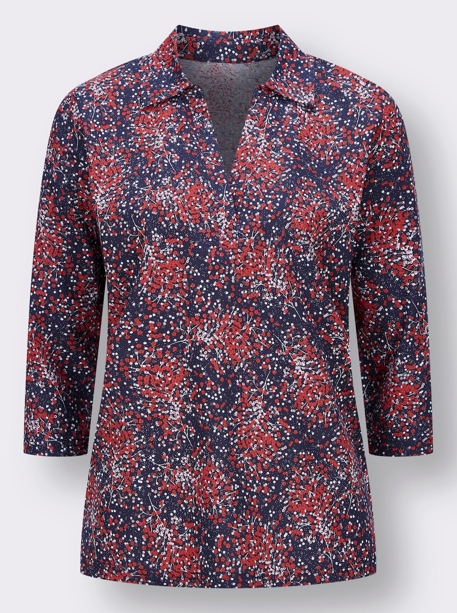 3/4-Arm-Shirt mit Hemdkragen - marine-erdbeere-bedruckt
