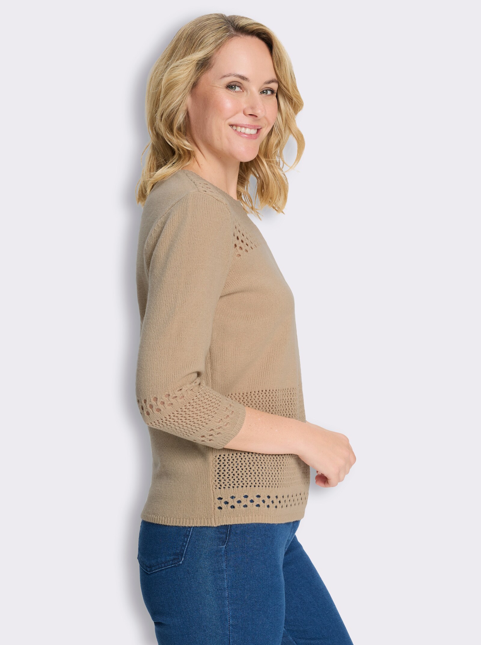 Ajourpullover mit Lochmuster - beige