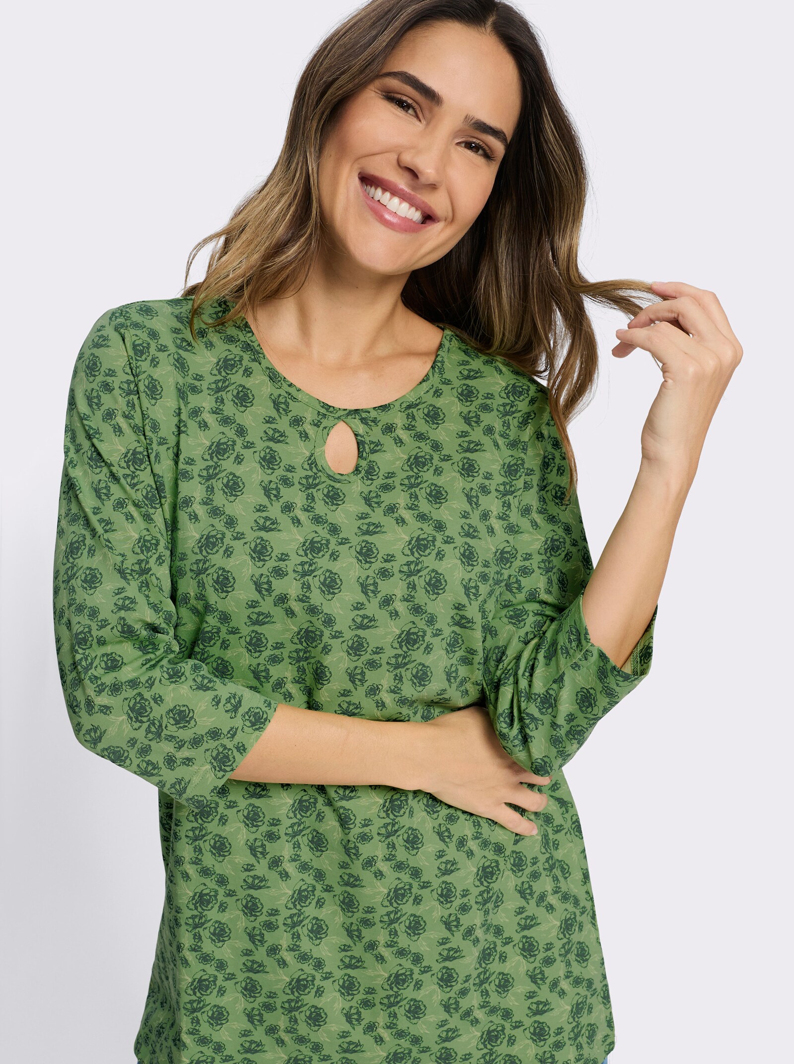 Longshirt mit Tropfen-Ausschnitt - eucalyptus-moos-bedruckt