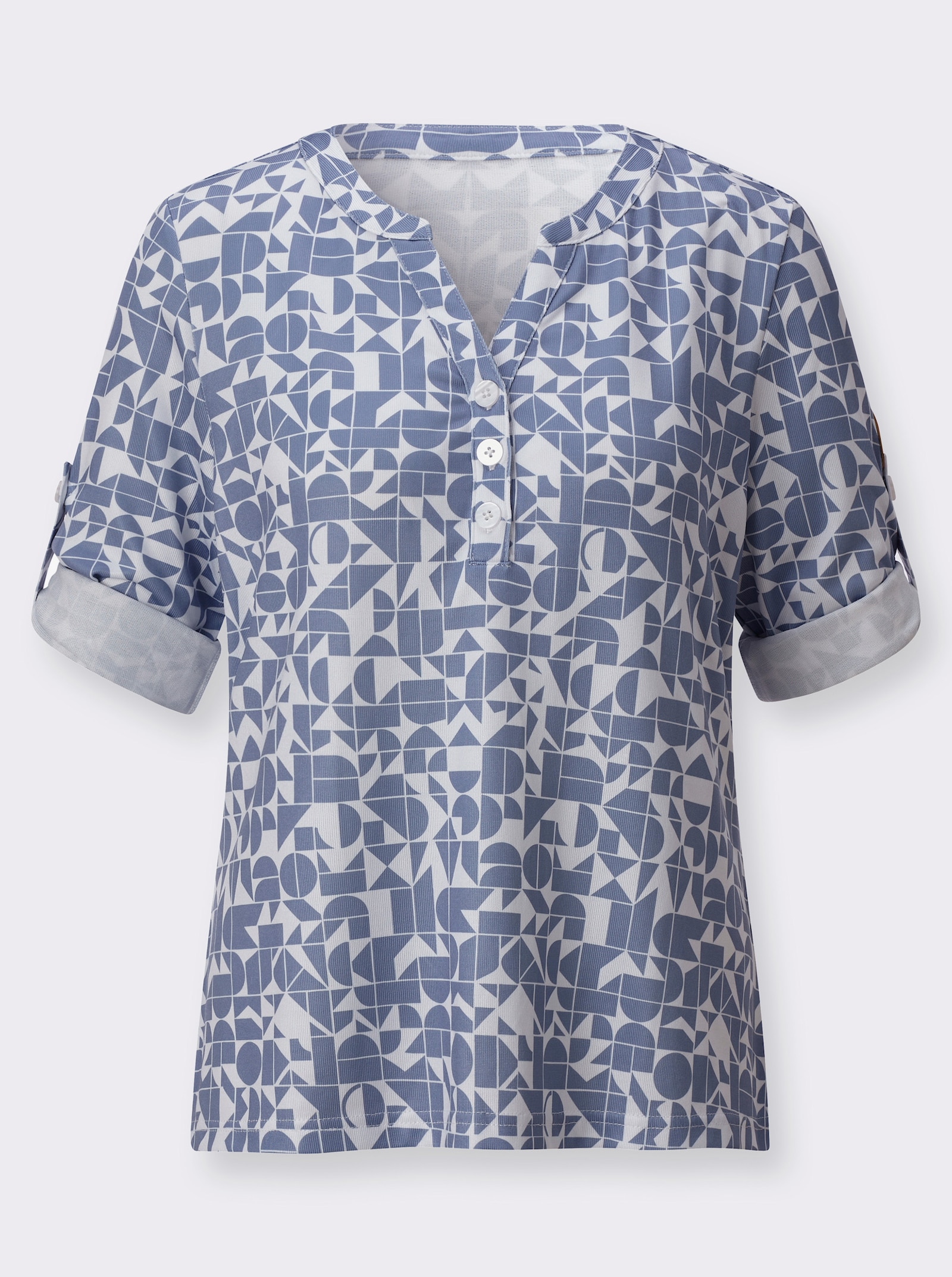 Blusenshirt mit kurzer Knopfleiste - taubenblau-ecru-bedruckt