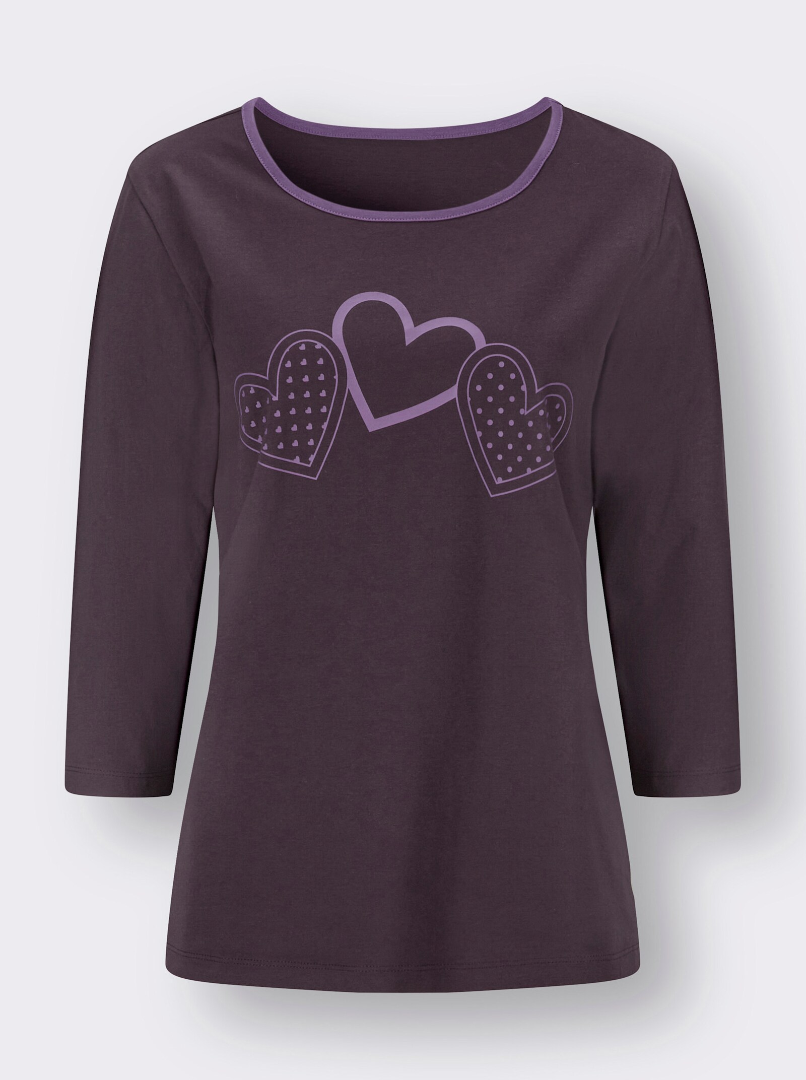 Shirt met 3/4-mouwen en hartmotief - aubergine/lila