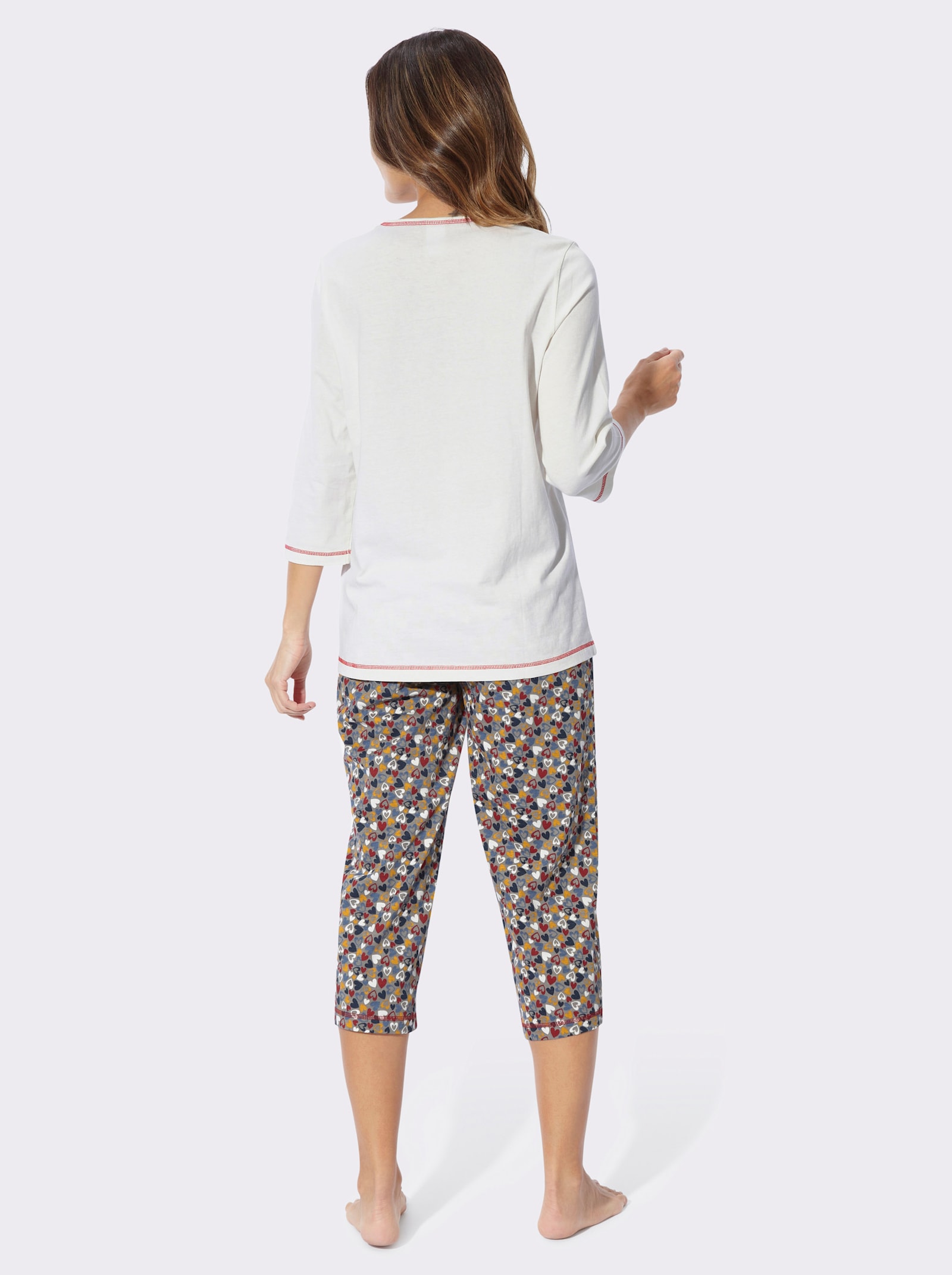 Schlafanzug mit Kontrastnähten - ecru-steingrau-bedruckt