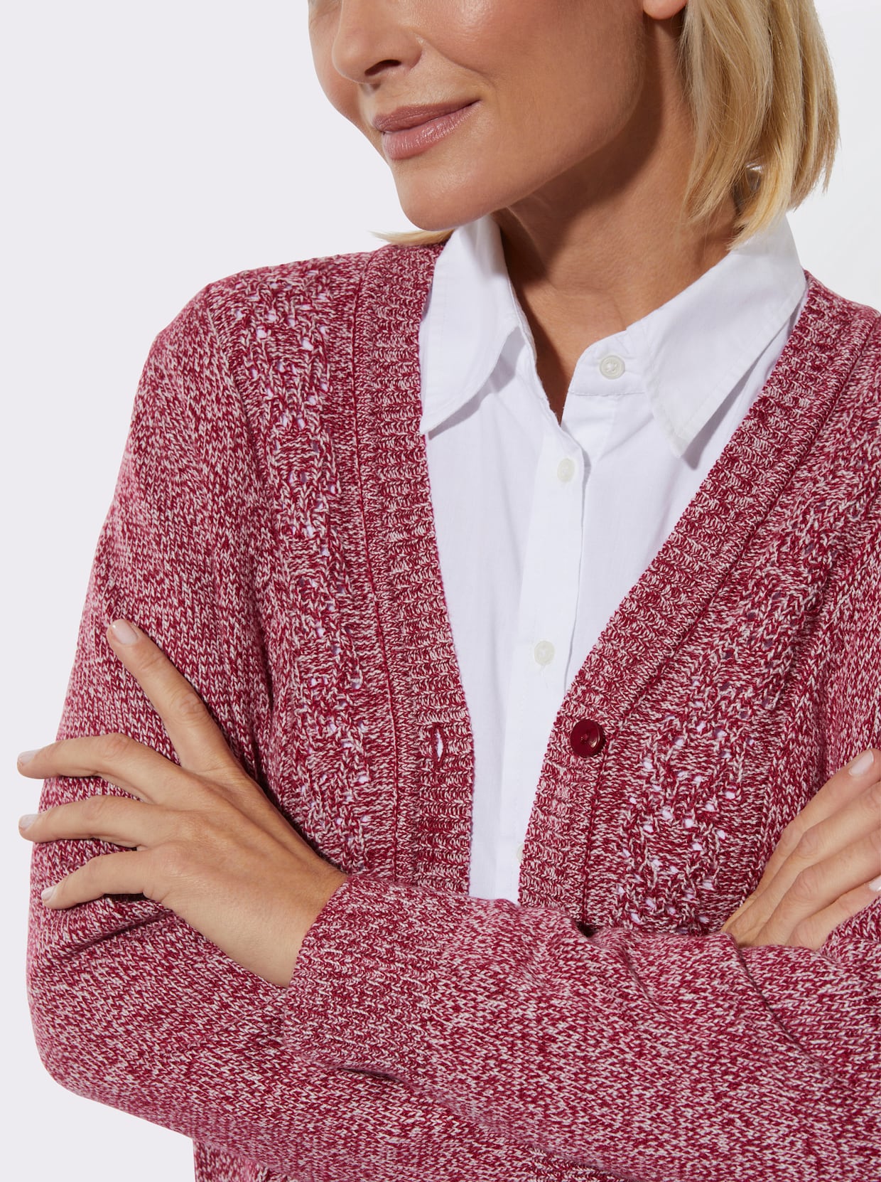 Strickjacke - kirsche-ecru-meliert