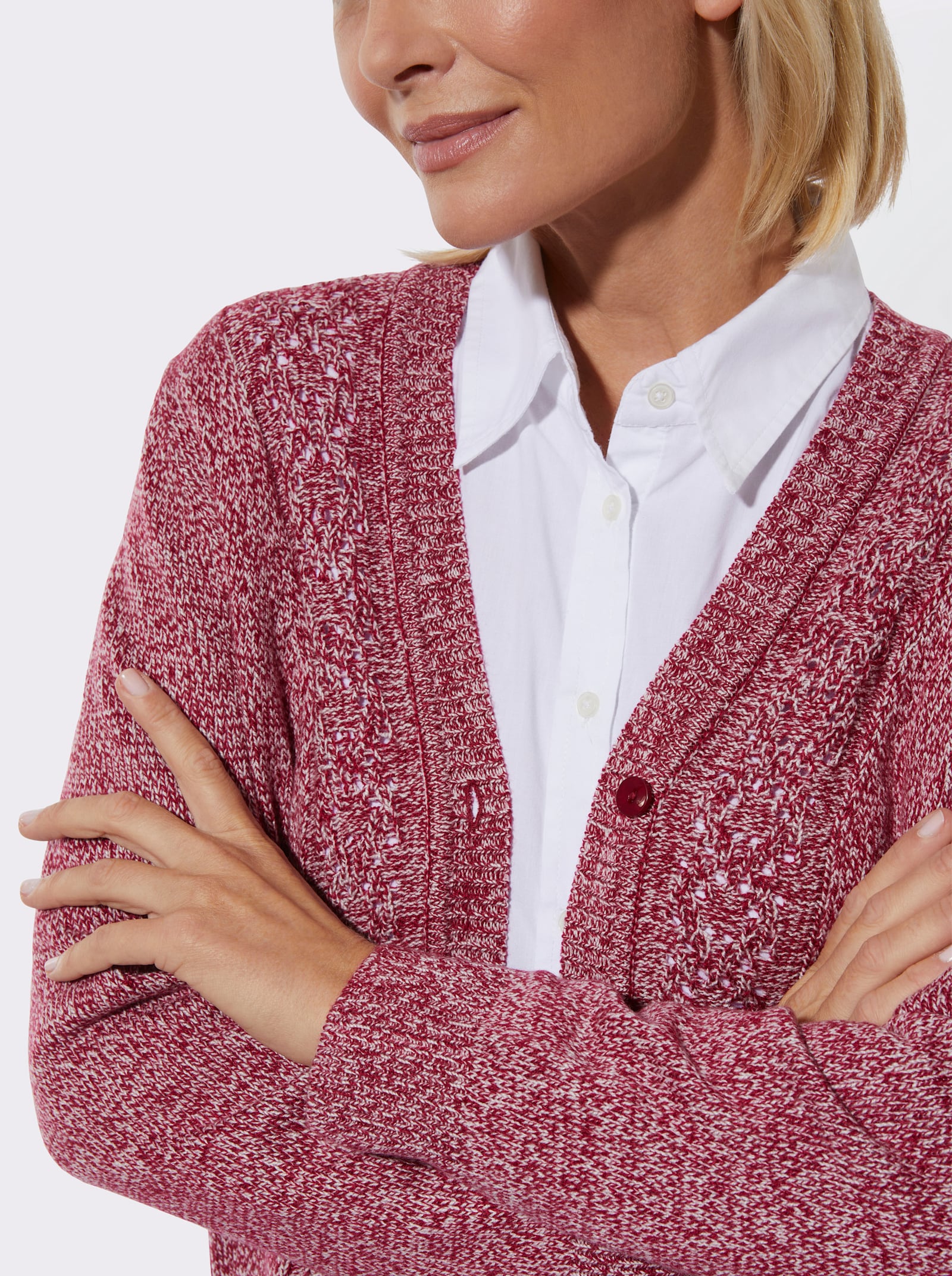 Strickjacke in Flausch-Qualität - kirsche-ecru-meliert