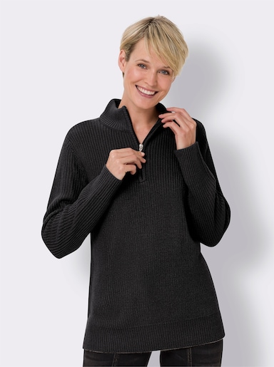 Stehkragenpullover in Patentstrick - schwarz