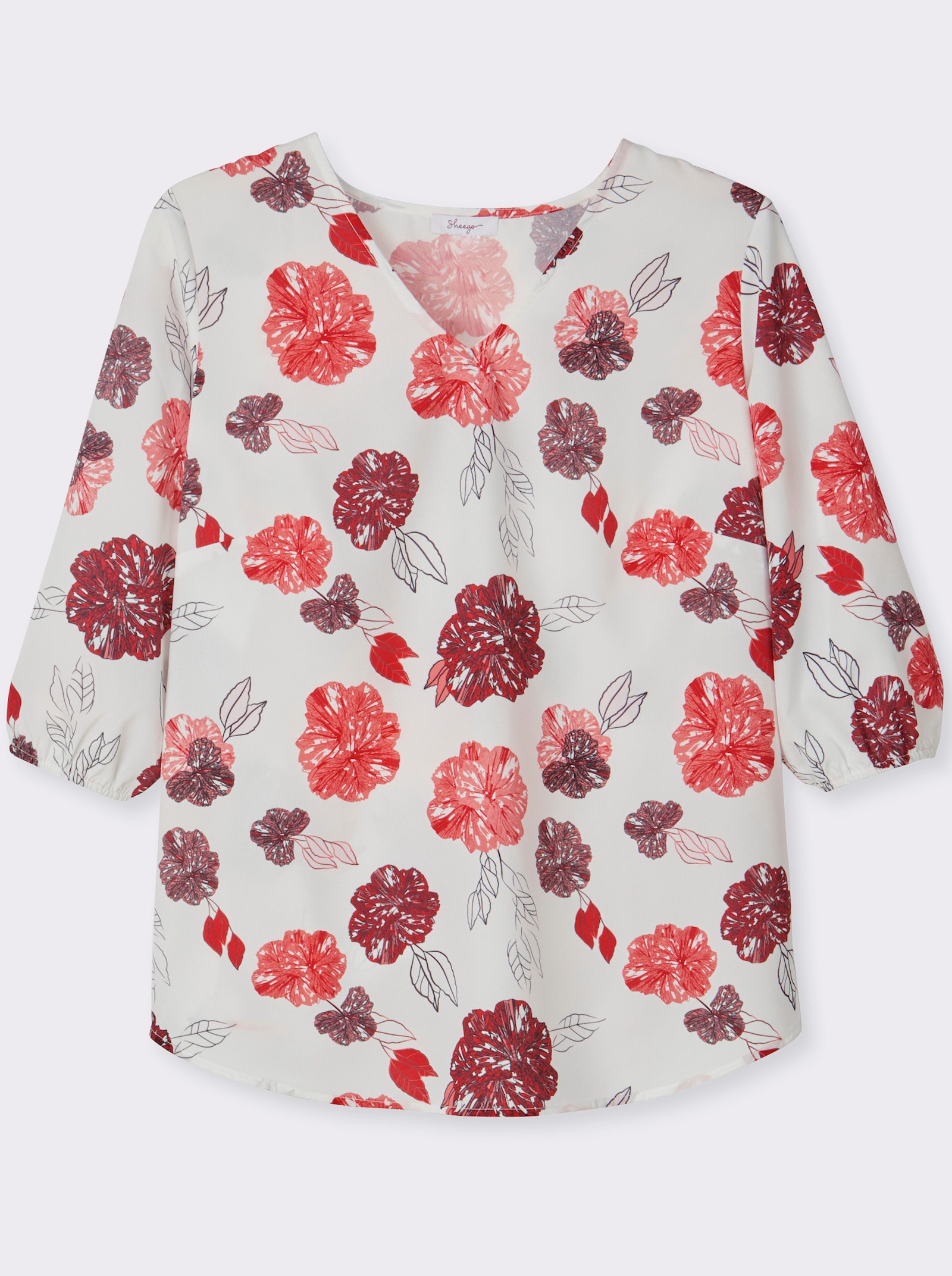 sheego Tuniek van crêpe, met bloemenprint - champagne/aardbei bedrukt