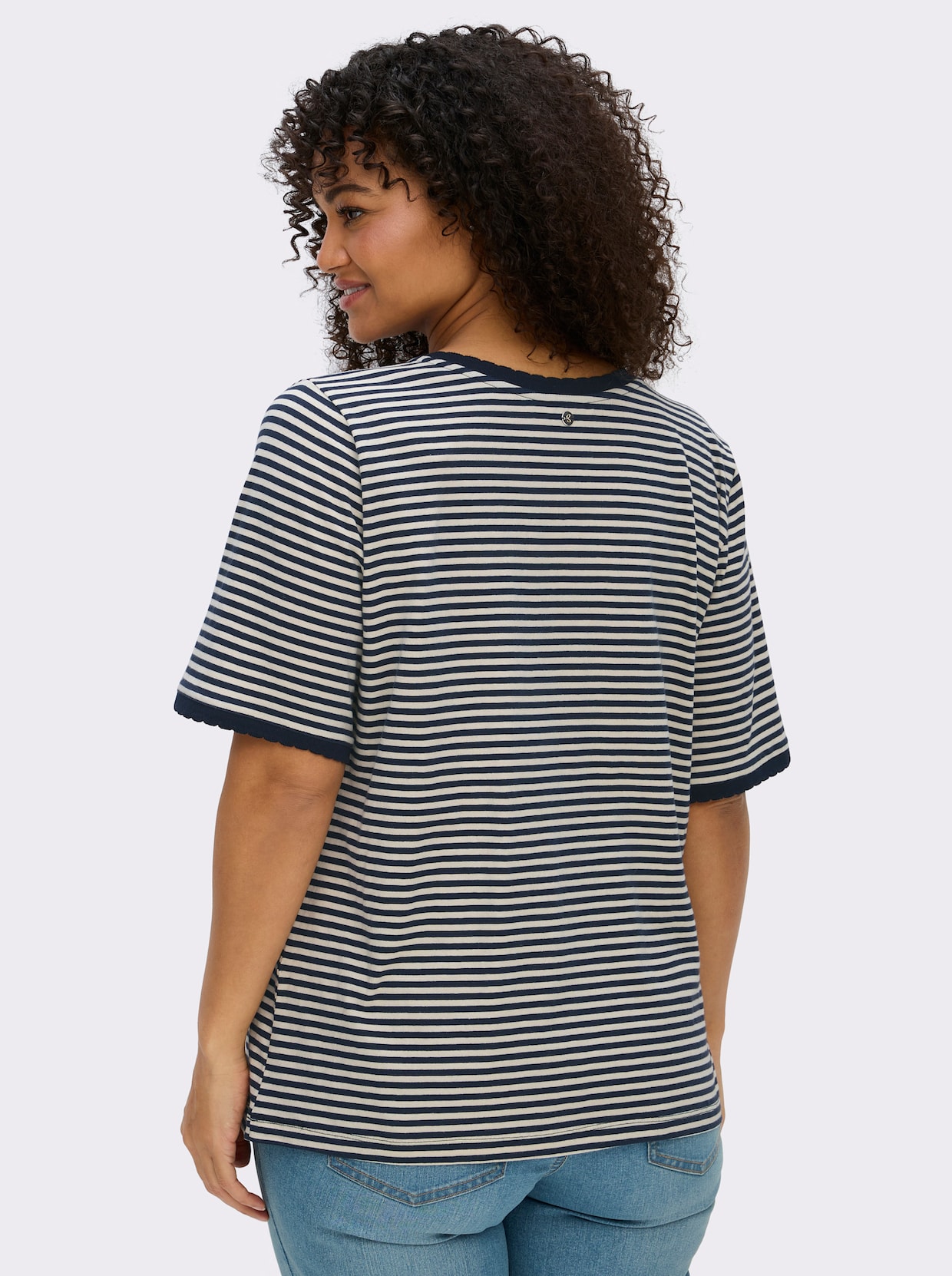 sheego Ringelshirt mit Ajour-Strickband - ecru-tiefblau-geringelt