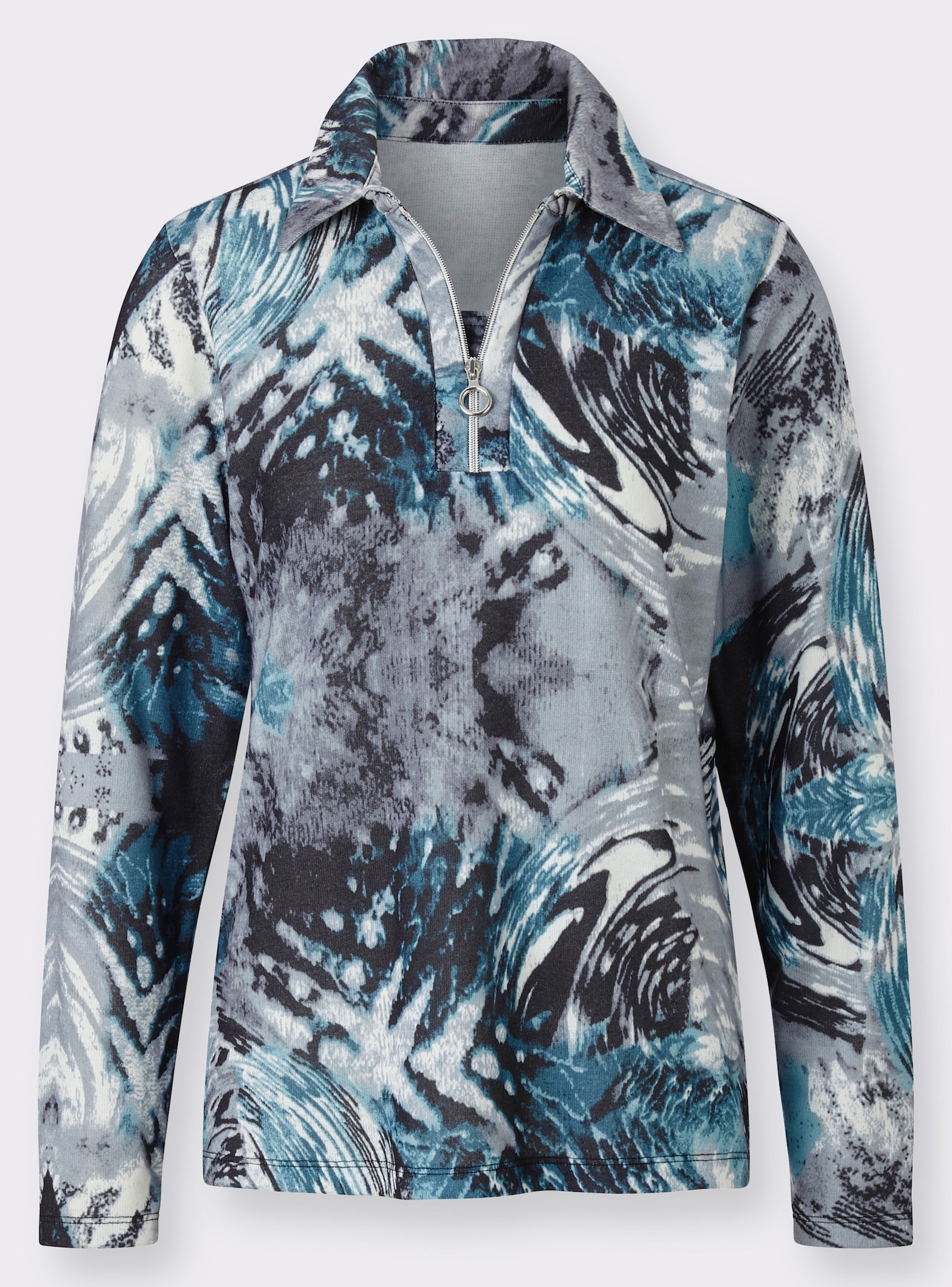 Poloshirt mit unterlegtem Reißverschluss - petrol-grau-bedruckt