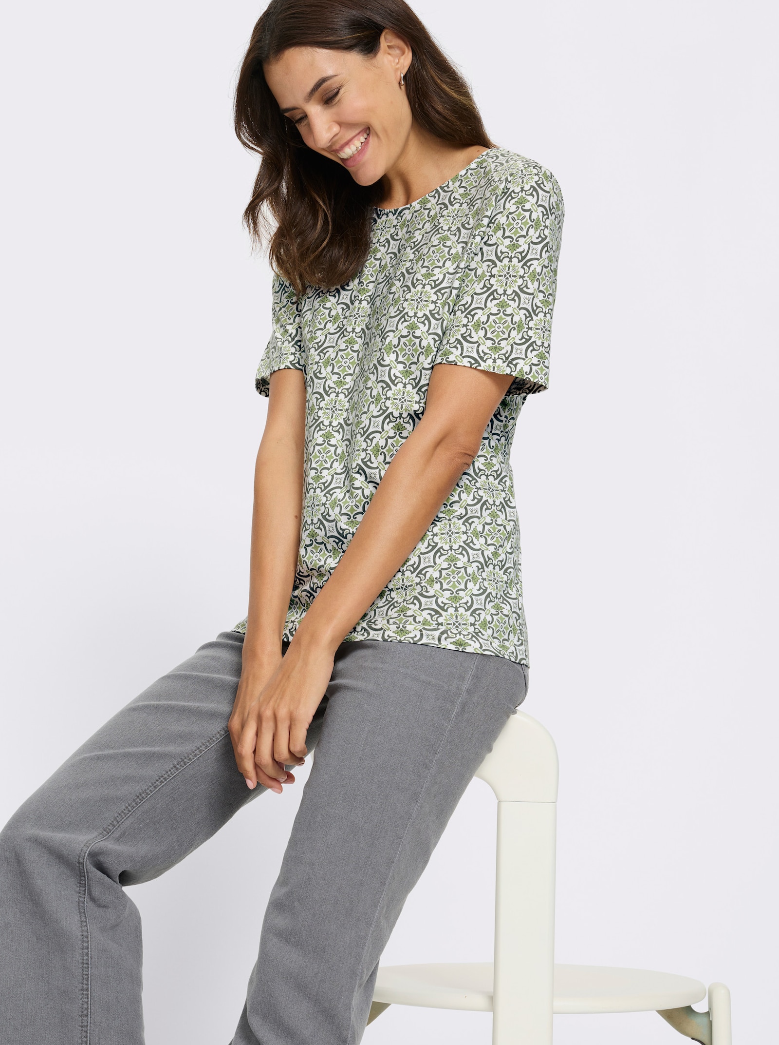 Print-Shirt in Baumwoll-Modal-Mischung - ecru-khaki-bedruckt