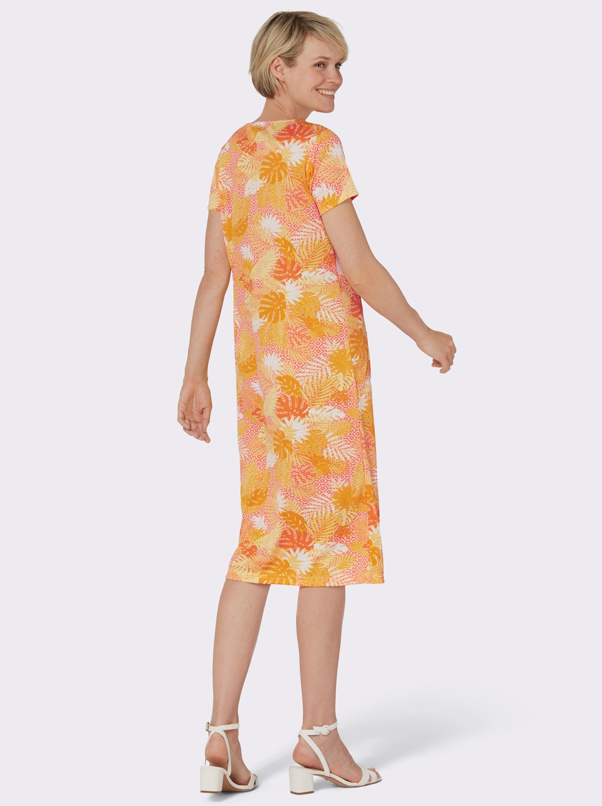 Trikåklänning - gul-orange, med tryck