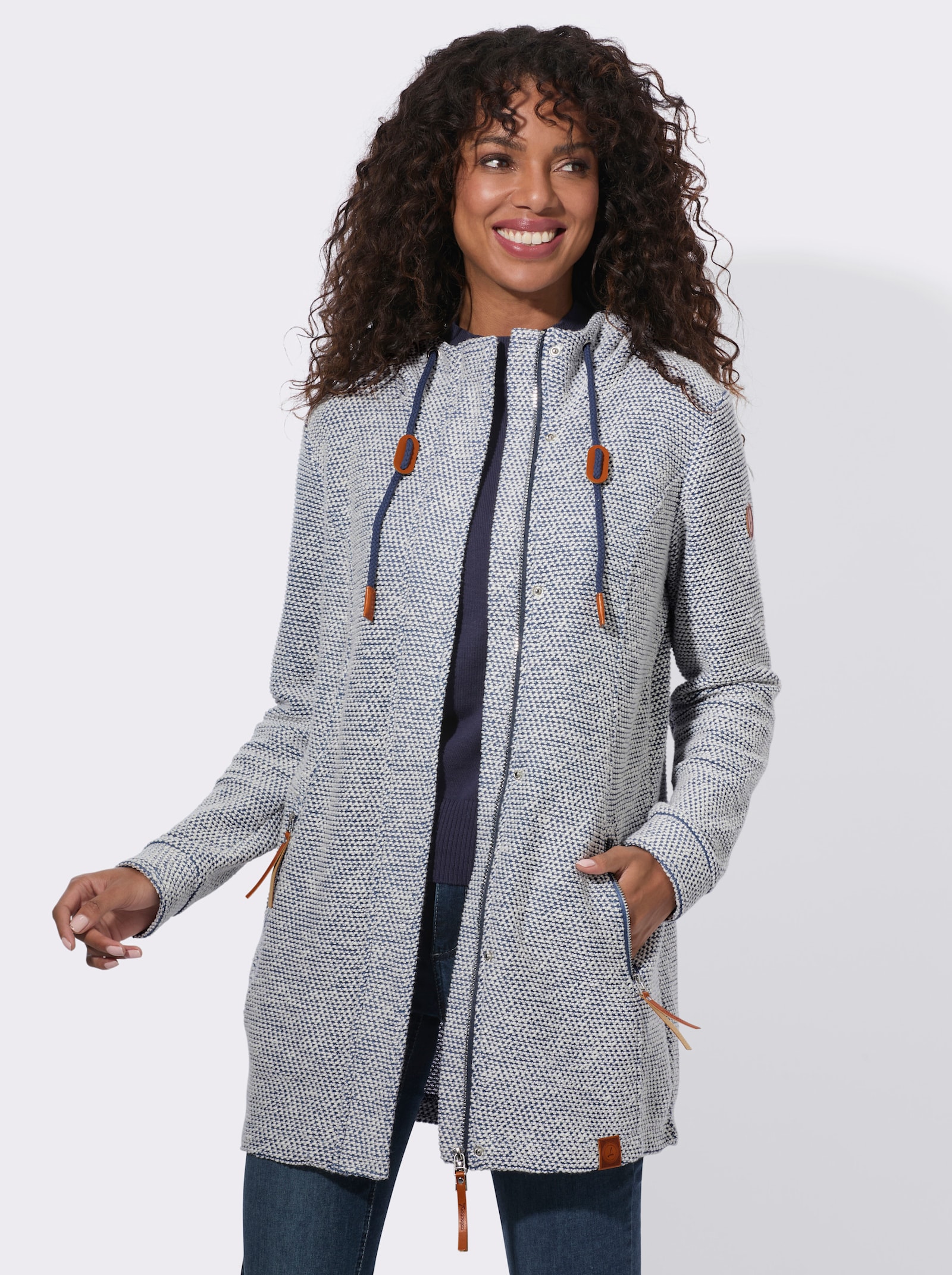 Shirtjacke mit Kapuze - rauchblau-ecru-meliert