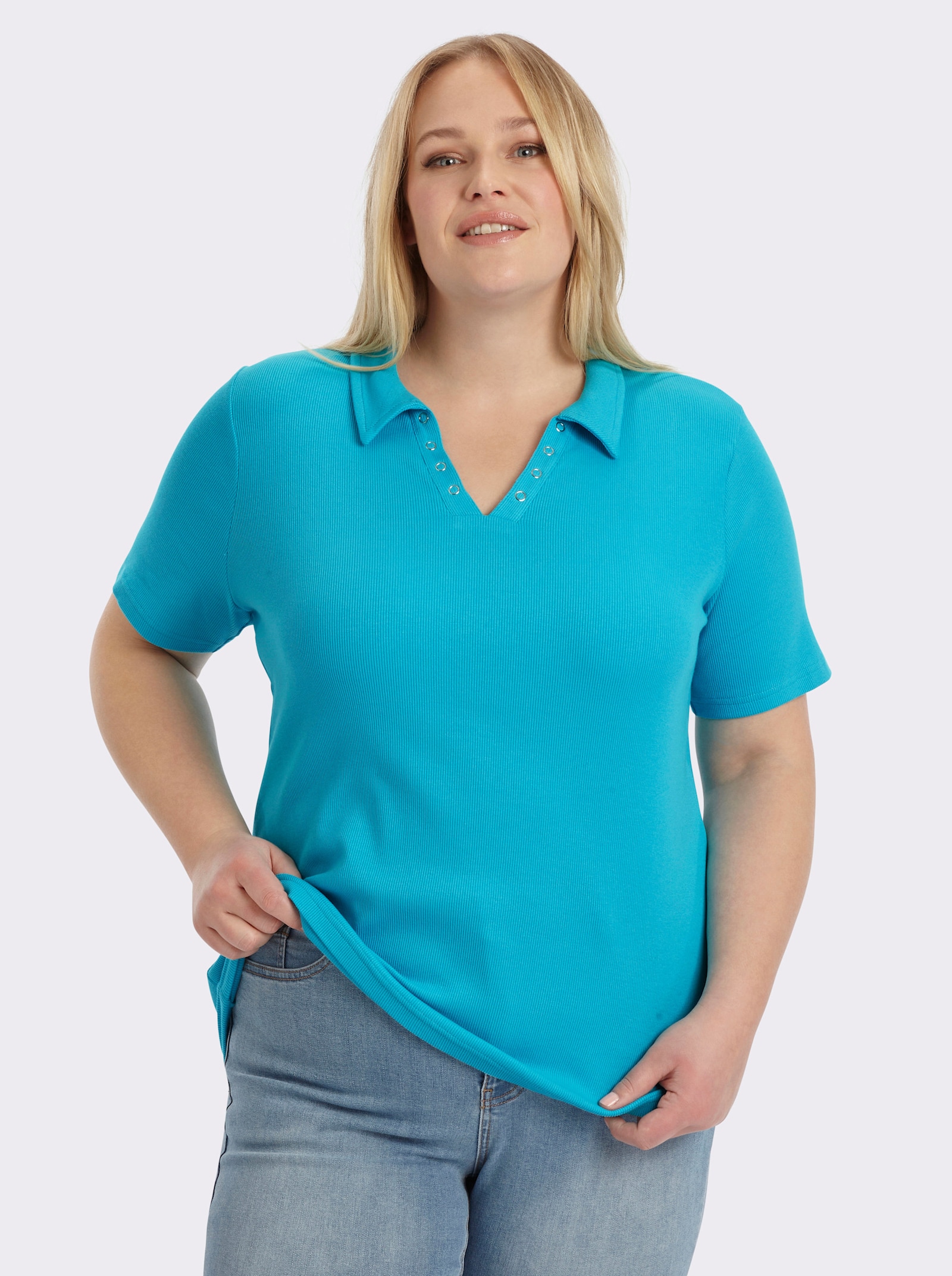 Poloshirt mit Ösen-Verzierung - türkis