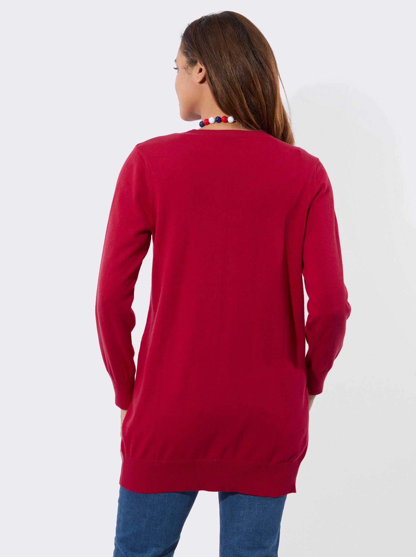 Longstrickjacke mit gerippten Bündchen - rot