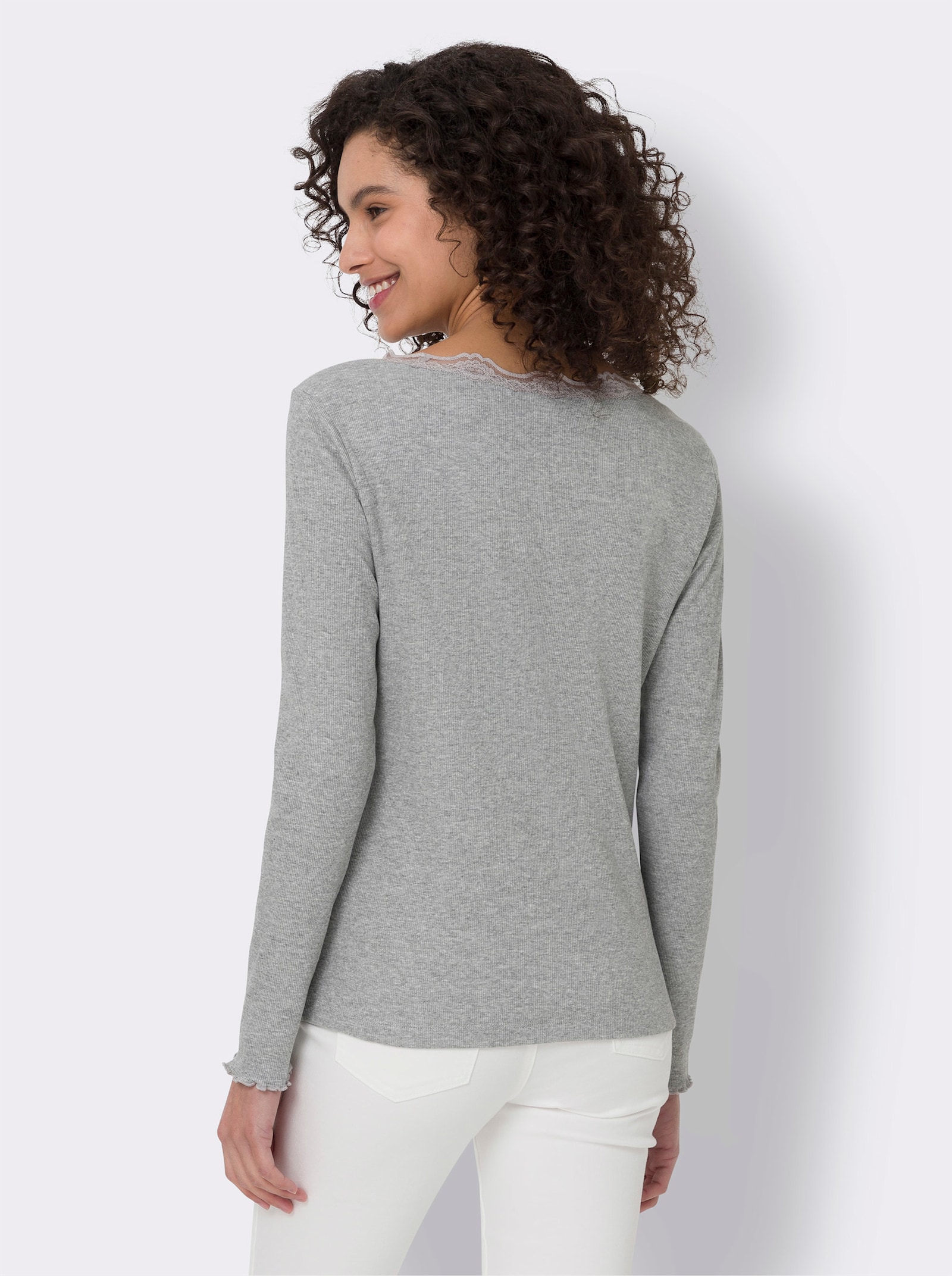 heine V-Shirt mit Spitze am Ausschnitt - hellgrau-meliert