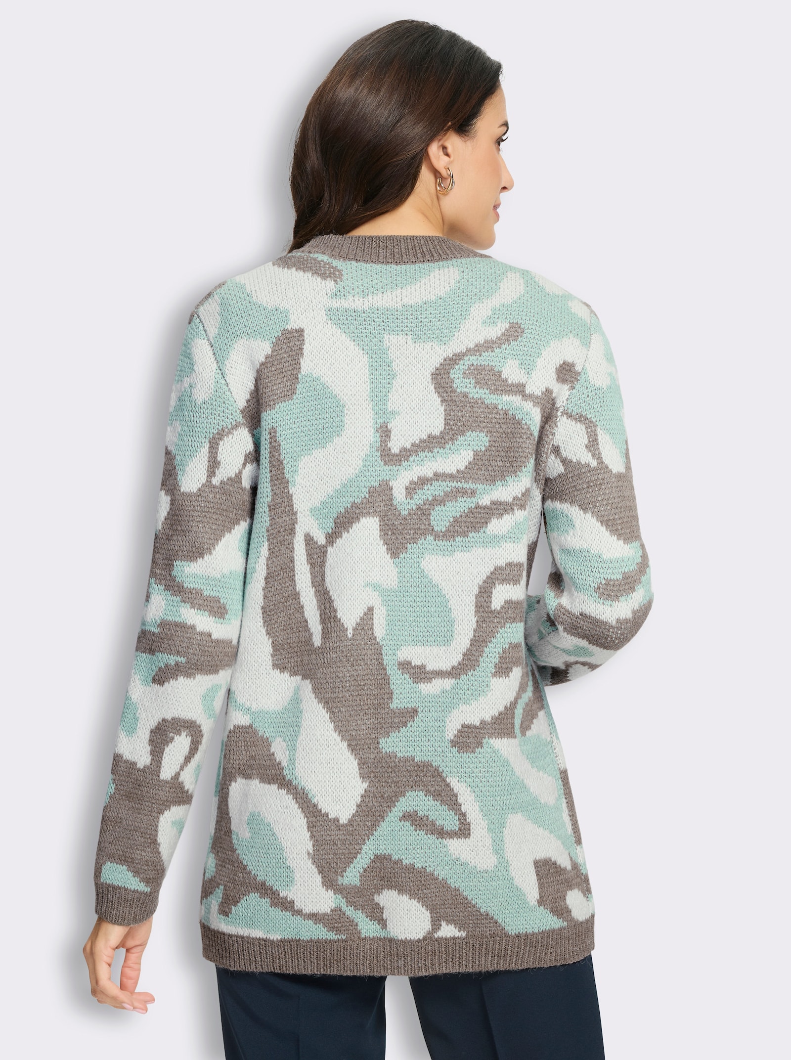 Jacquardstrickjacke in offener Form - kalkmint-taupe-gemustert
