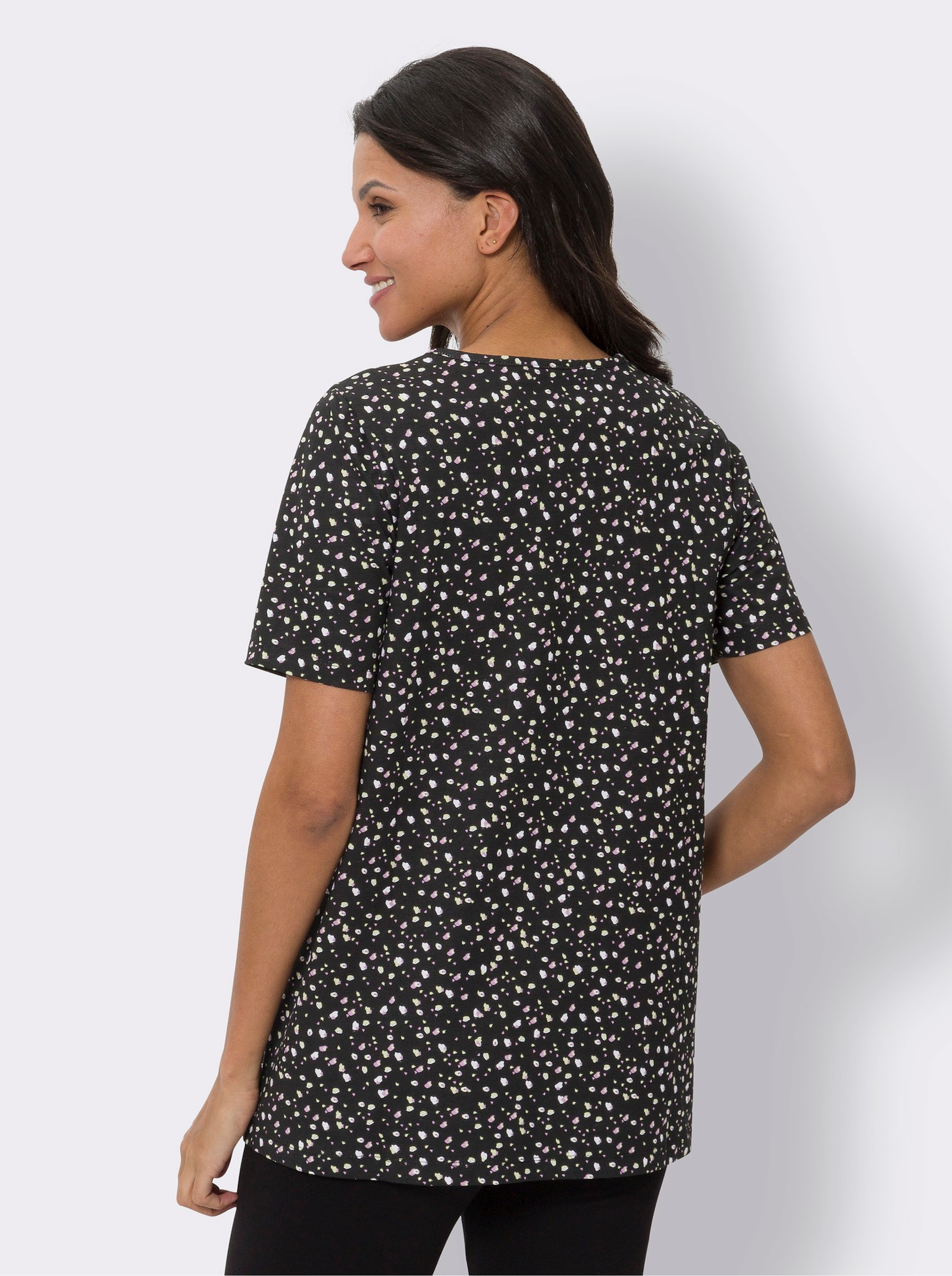 Lang shirt in A-lijn - zwart geprint