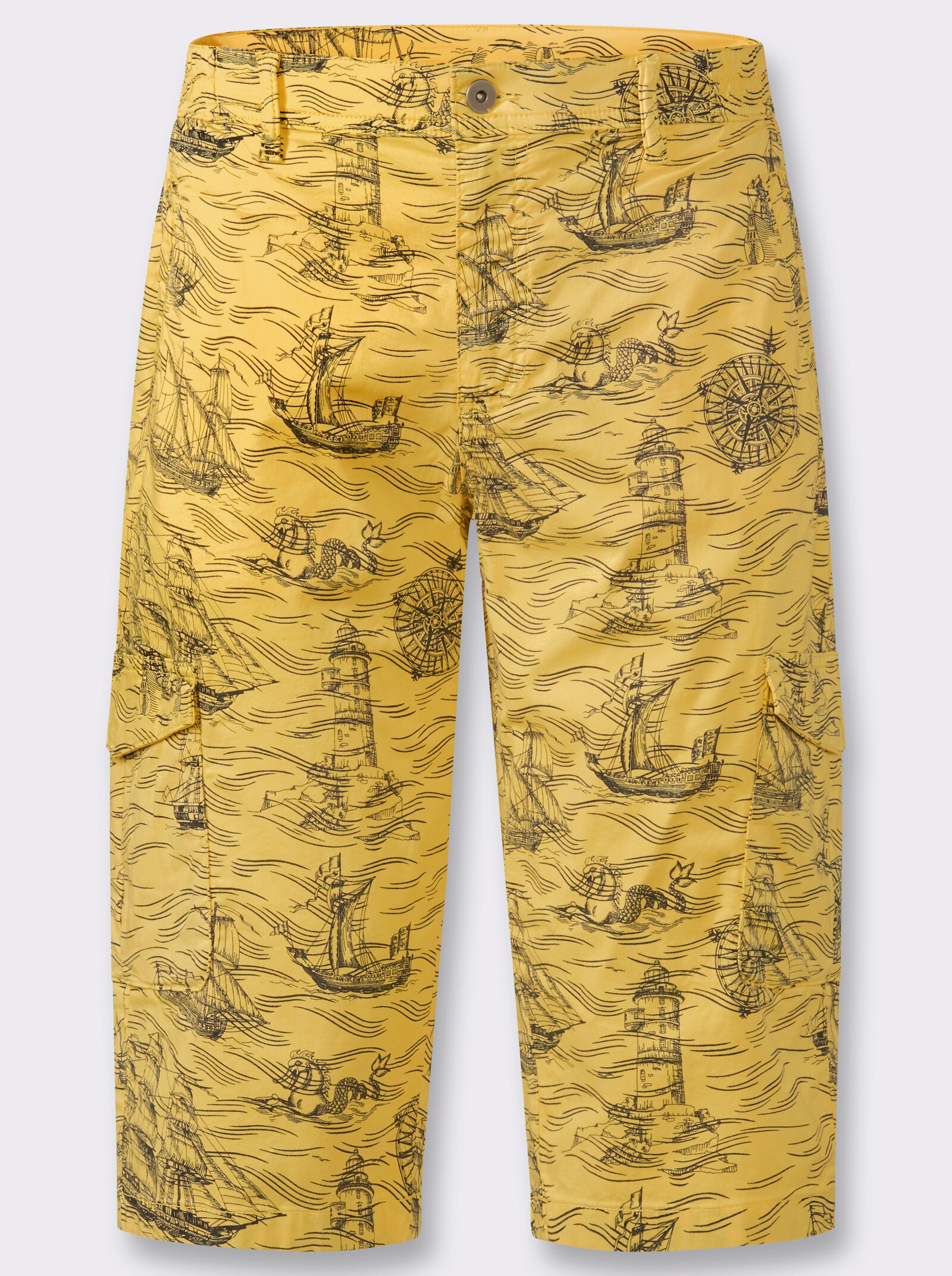 Bermudas mit Piratenschiff-Print, Twill - gelb-bedruckt