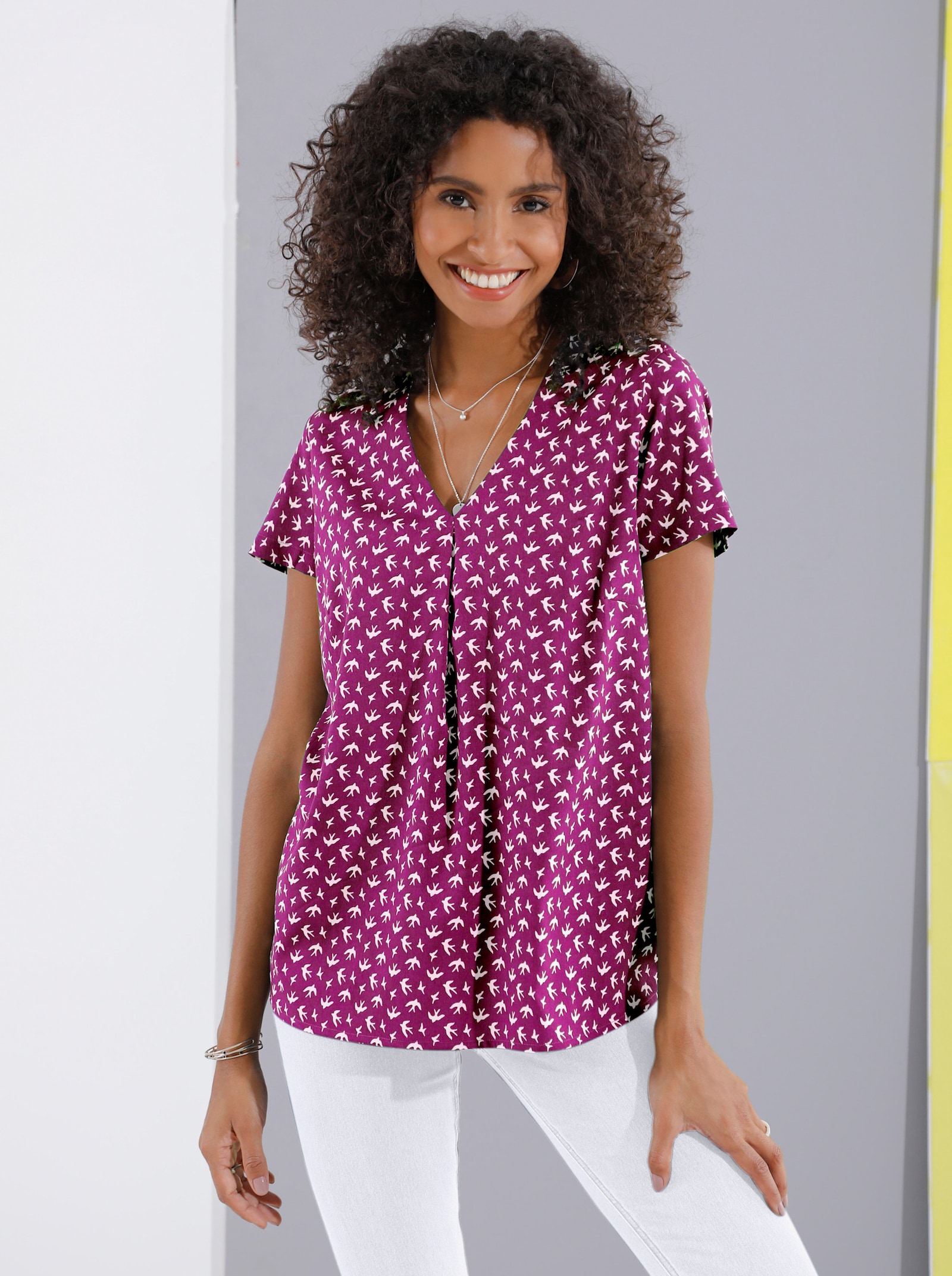 Schlupf-Bluse mit Schwalben-Muster - magenta-bedruckt