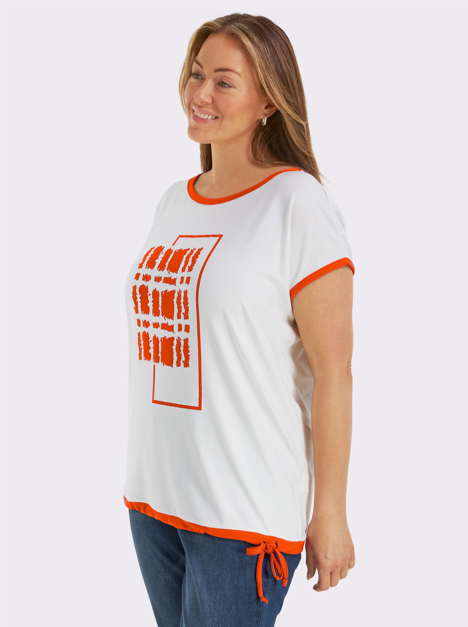 Print-Shirt mit U-Boot-Ausschnitt - ecru-orange-bedruckt