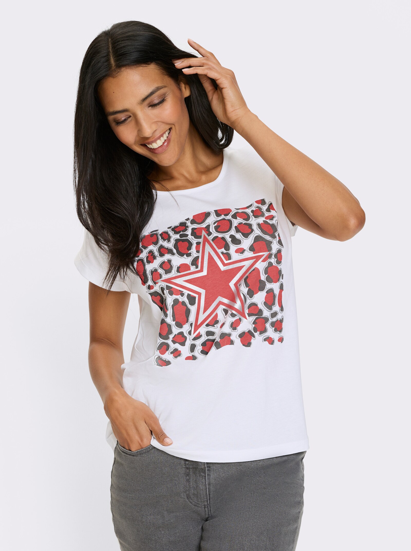 Tričko, krátke rukávy, lesklá a fóliová potlač - Bielo-grapefruitová