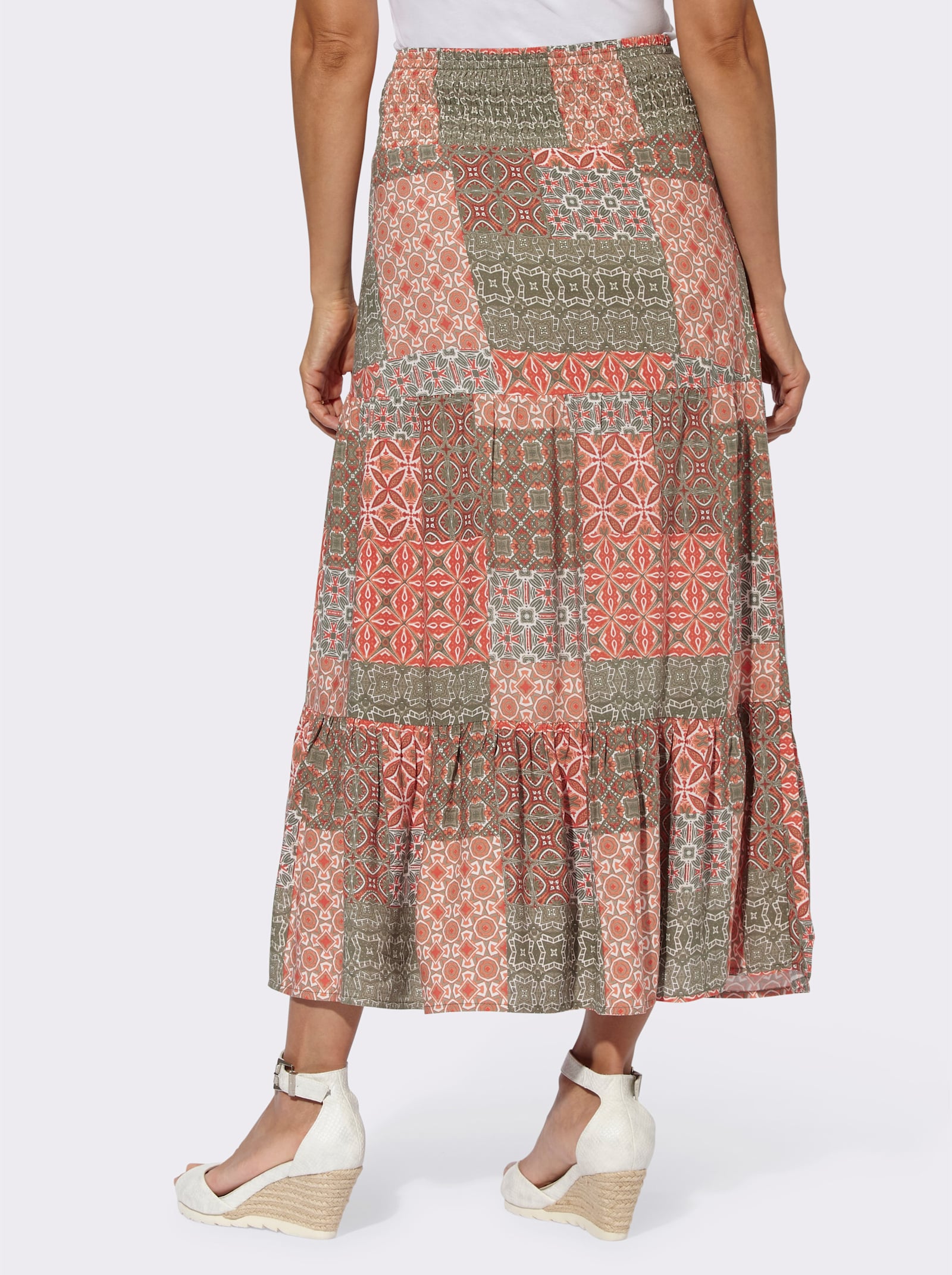 Stufenrock mit Smok-Bund - papaya-khaki-bedruckt