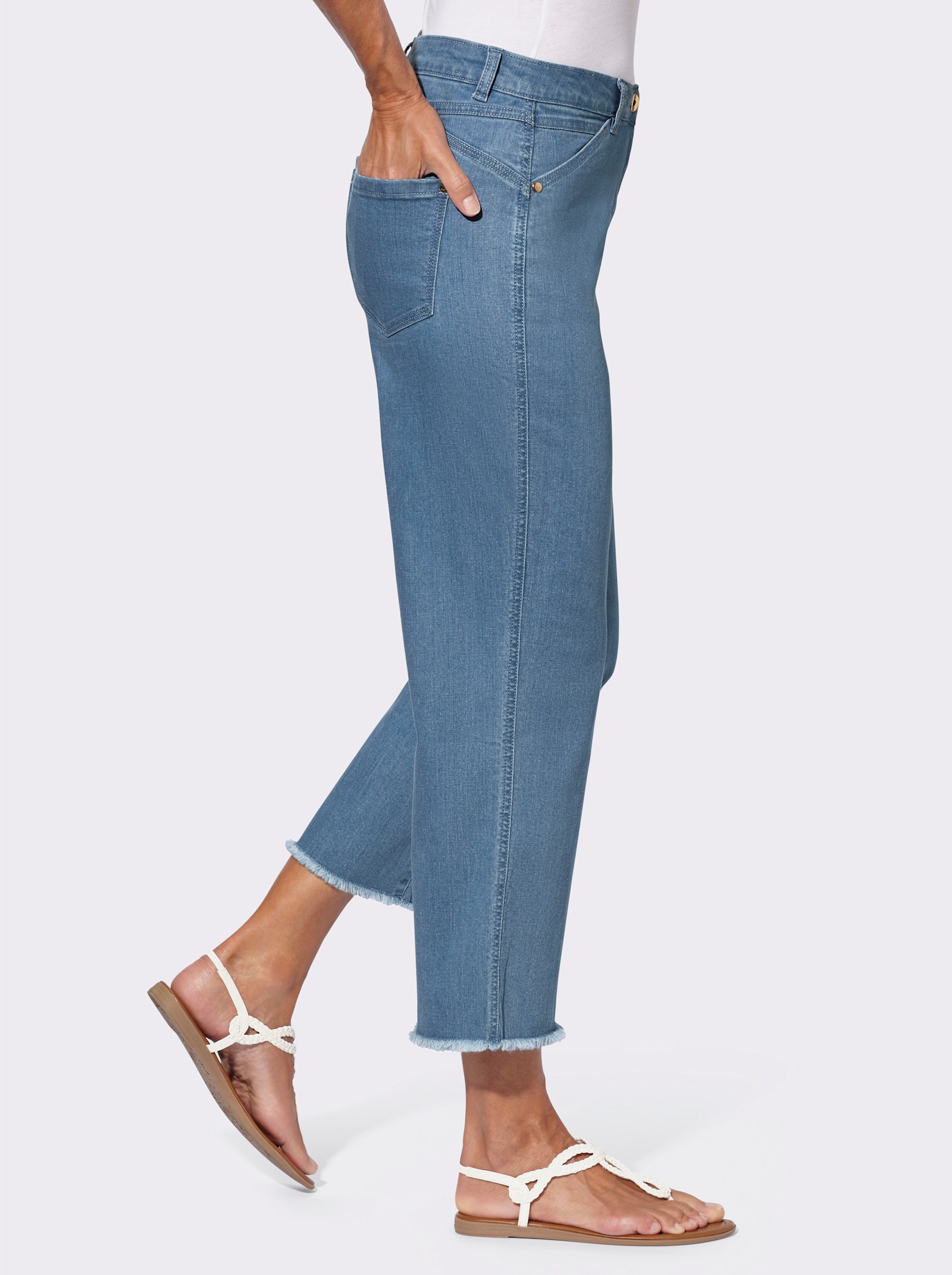 7/8 džíny s třásněmi na lemu - bělená modrá