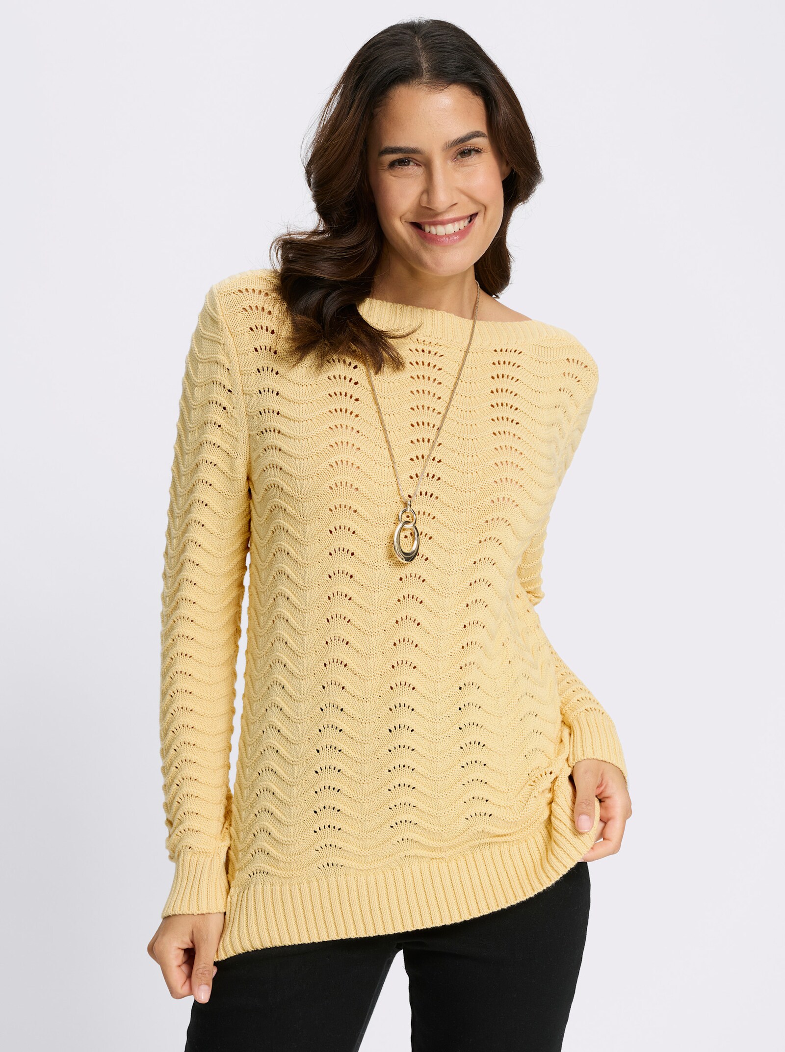 Pullover mit wellenförmigem Ajour-Strickmuster - vanille