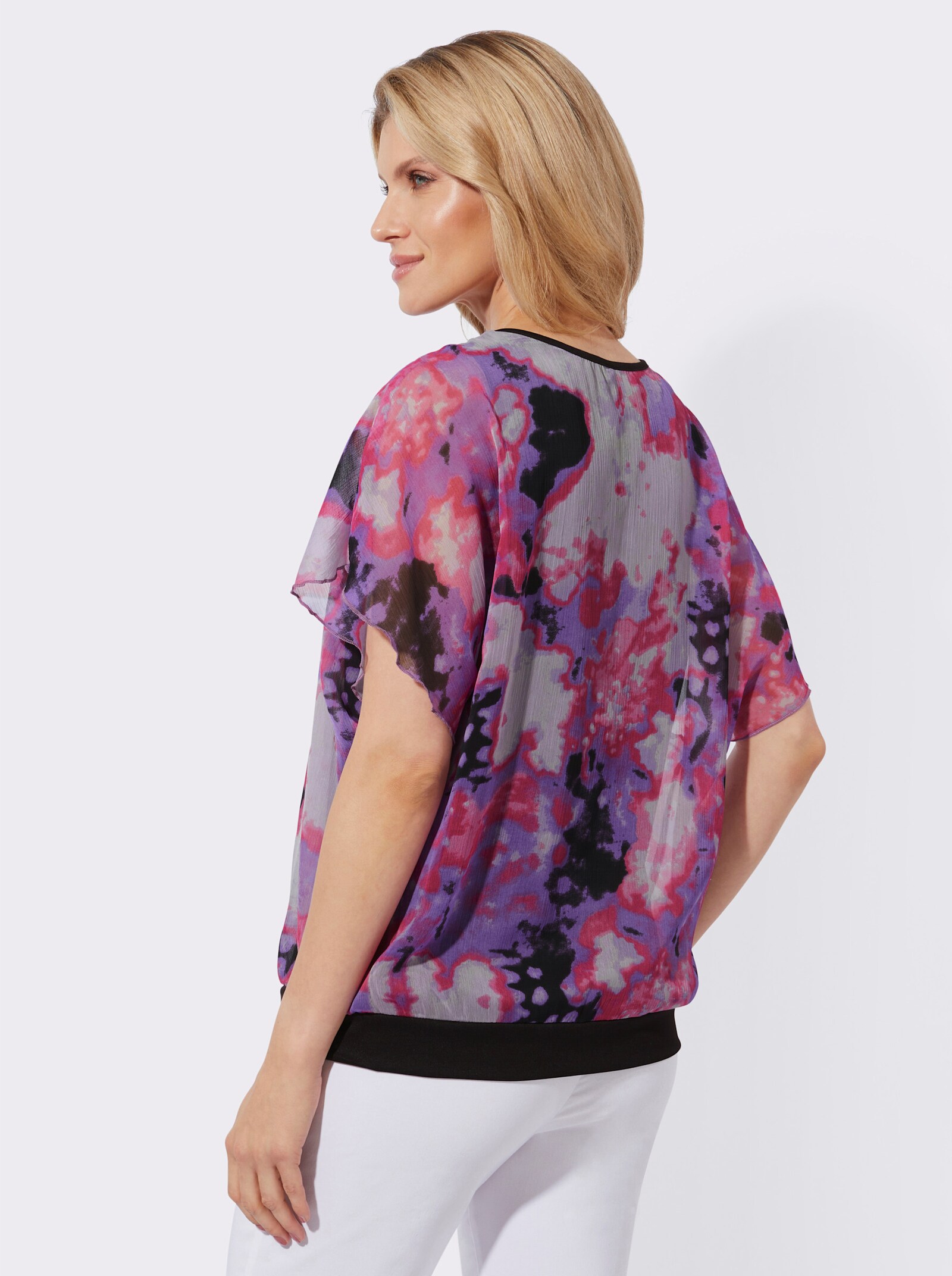 Chiffonblouse met elastische zoom - paars/fuchsia geprint