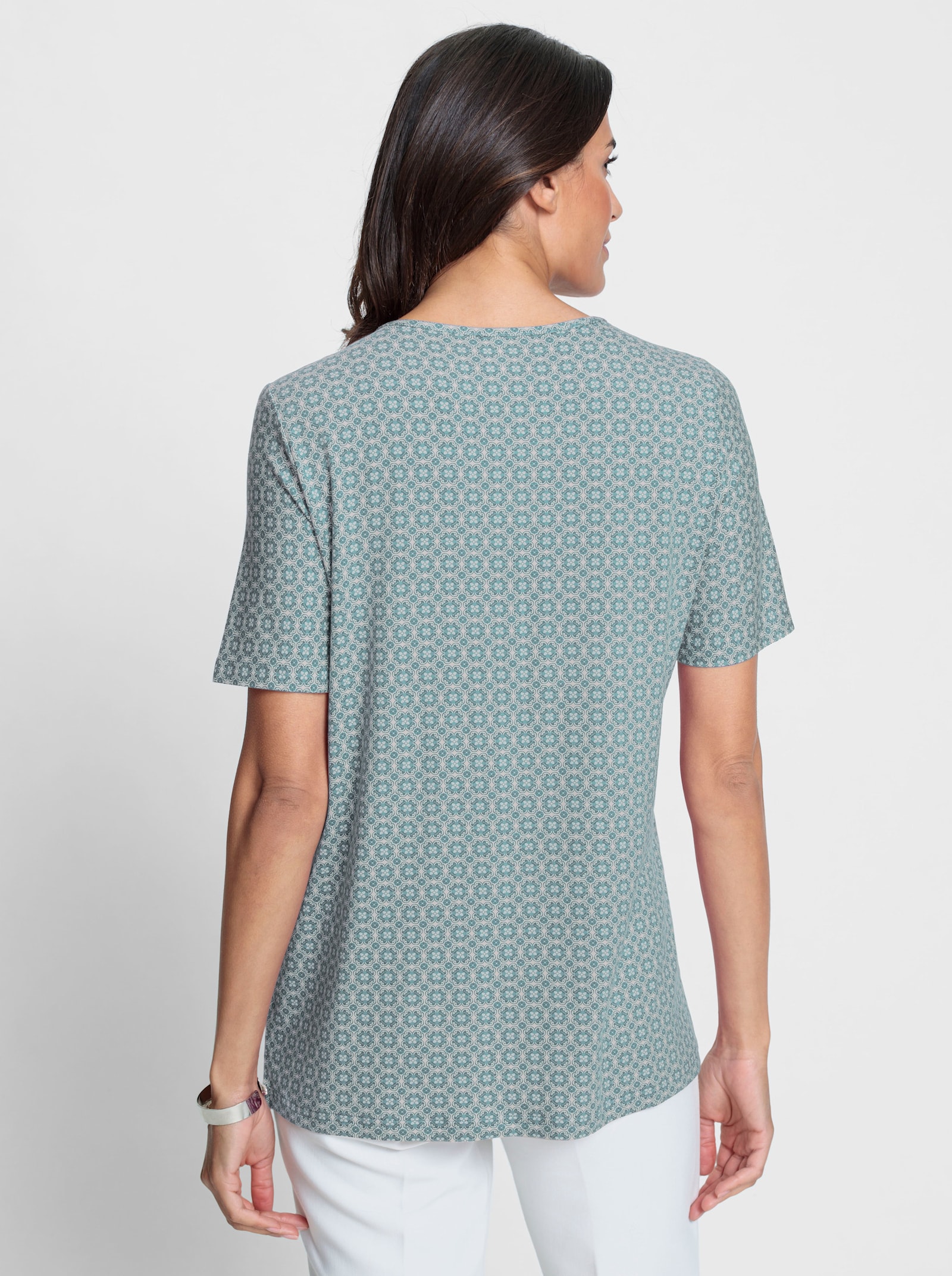 Tunikashirt in A-Linie - salbei-weiß-bedruckt