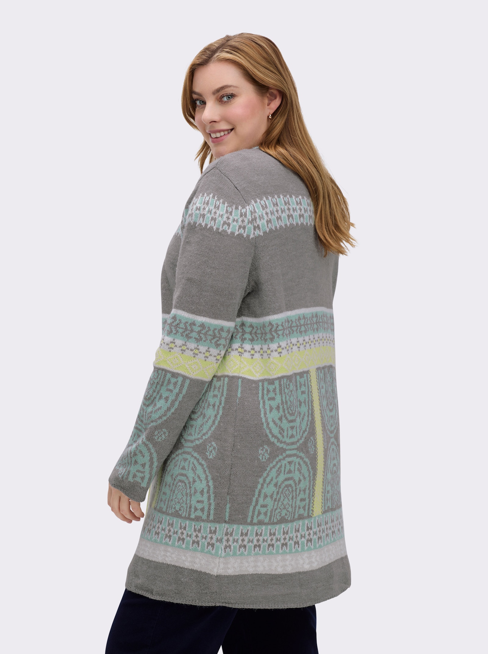 Longstrickjacke im Jacquard-Muster-Mix - kalkmint-grau-gemustert