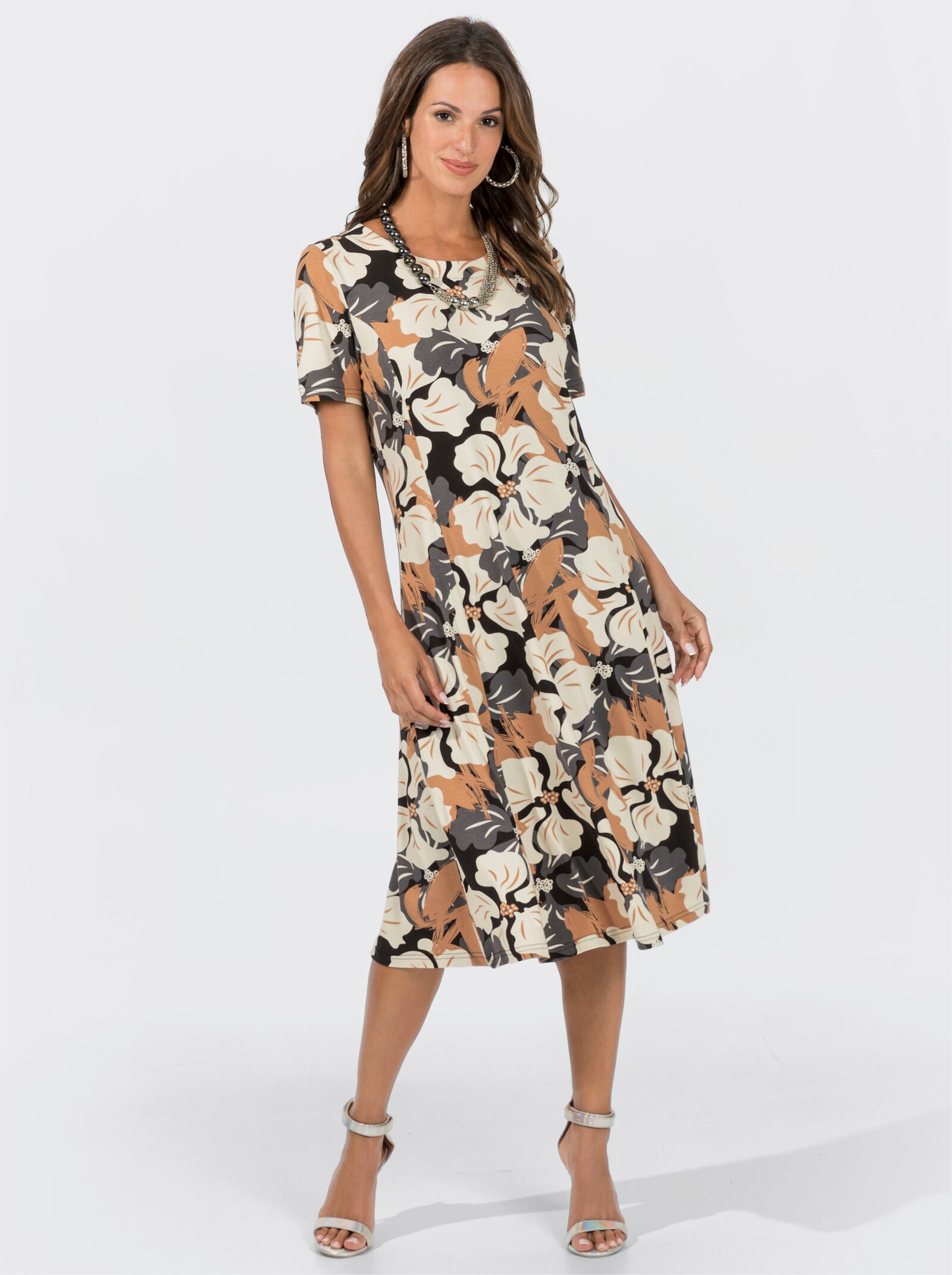 Jerseykleid in A-Linie - camel-champagner-bedruckt