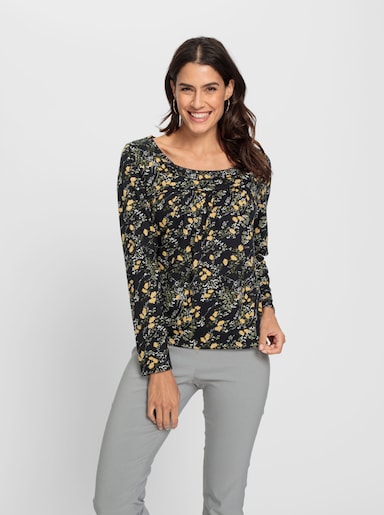 Print-Shirt mit gerundetem Karree-Ausschnitt - schwarz-ocker-bedruckt