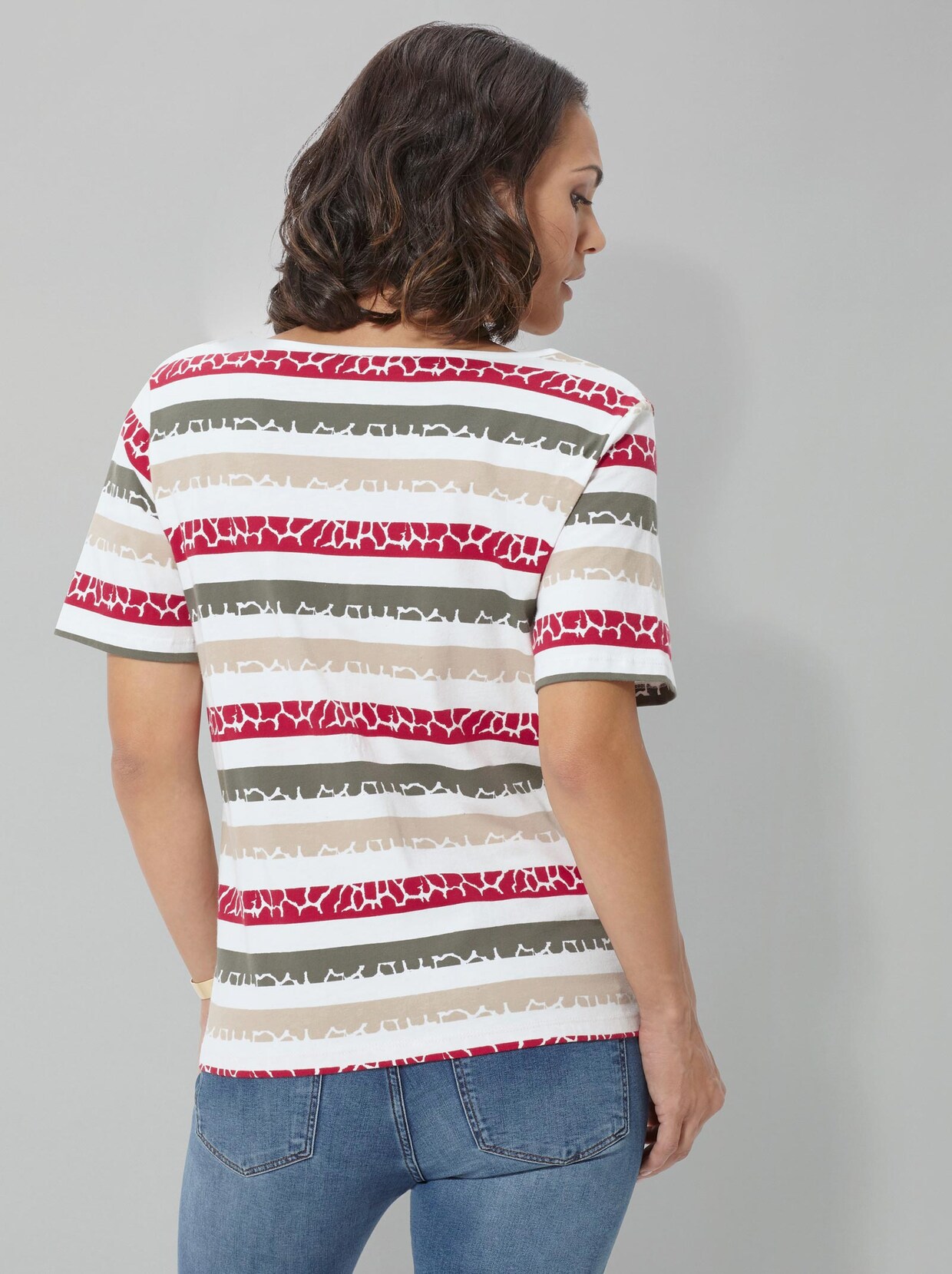 Shirt met korte mouwen - kaki/rood gestreept