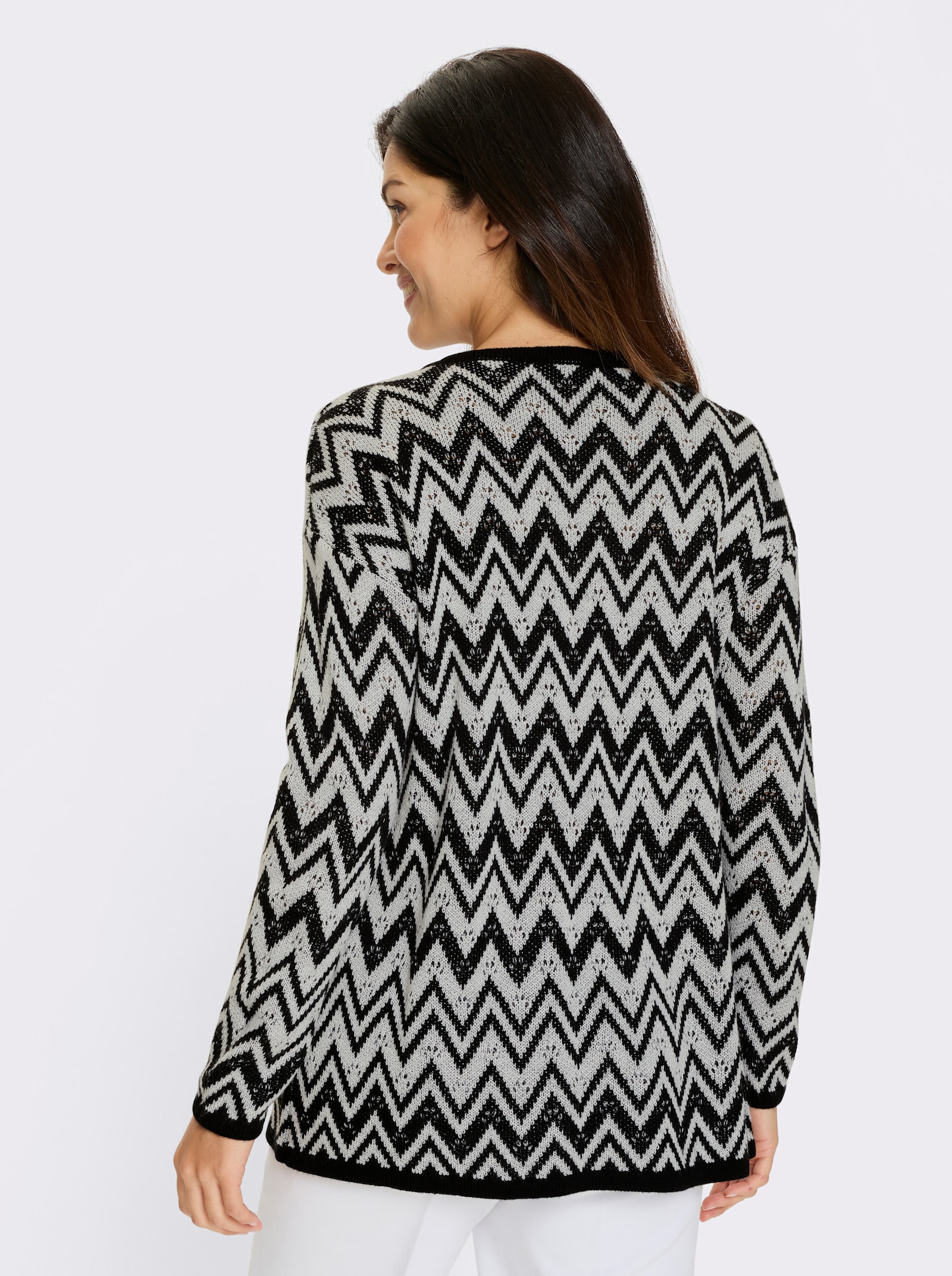Longpullover mit Zickzack- und Ajour-Muster - schwarz-weiß-gemustert