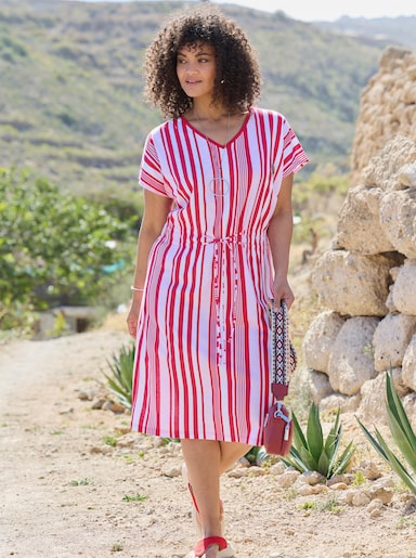sheego Jerseyjurk met streeppatroon en bindceintuur - wit/rood gestreept