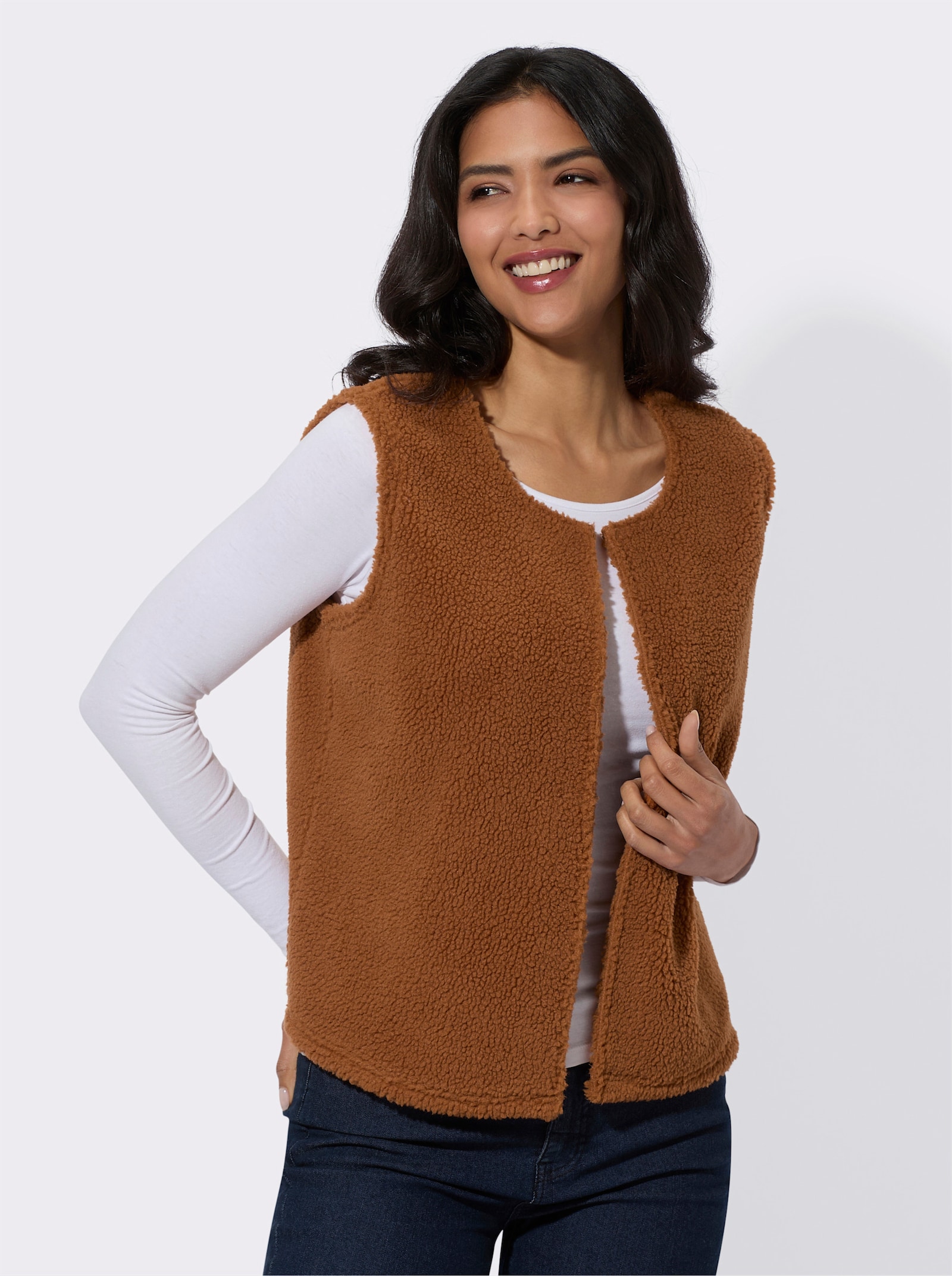 Fleecová vesta z teddy fleecu - koňaková