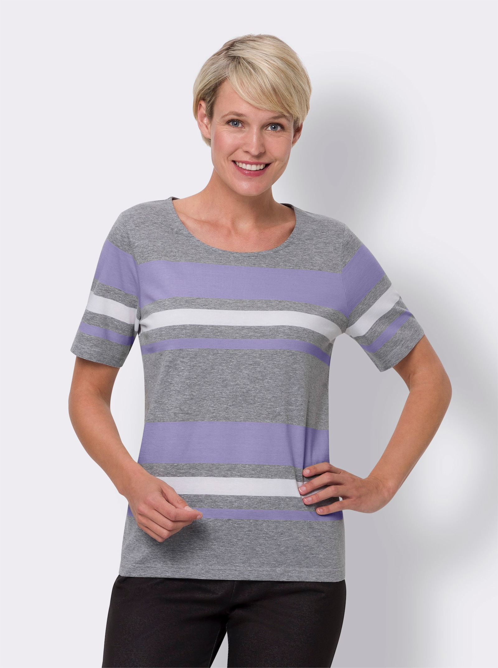 Kurzarmshirt mit garngefärbtem Streifen - grau-meliert-lavendel-gestreift