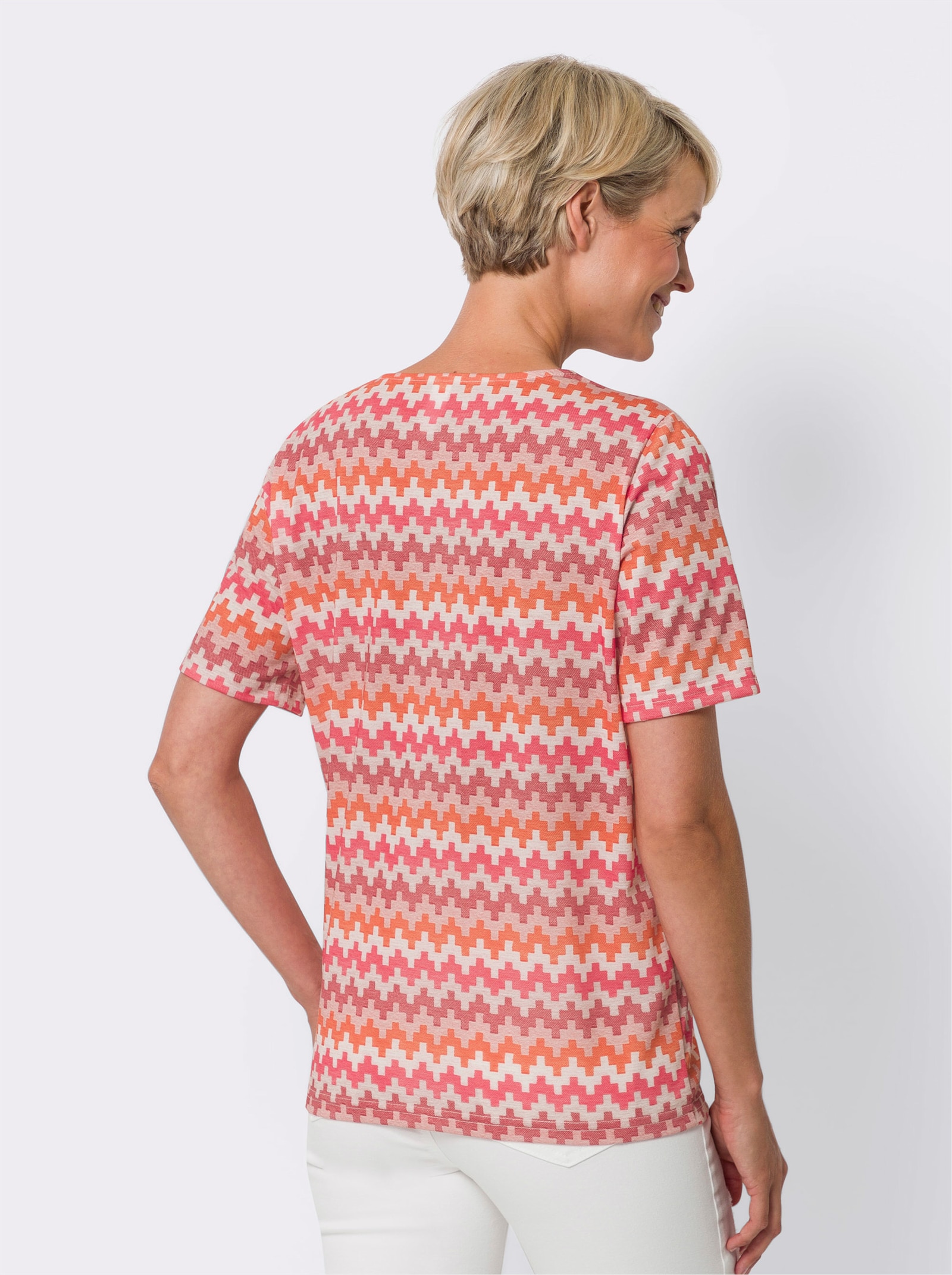 Shirt met korte mouwen en zigzagpatroon, onderhoudsarm - langoustine/oranje bedrukt