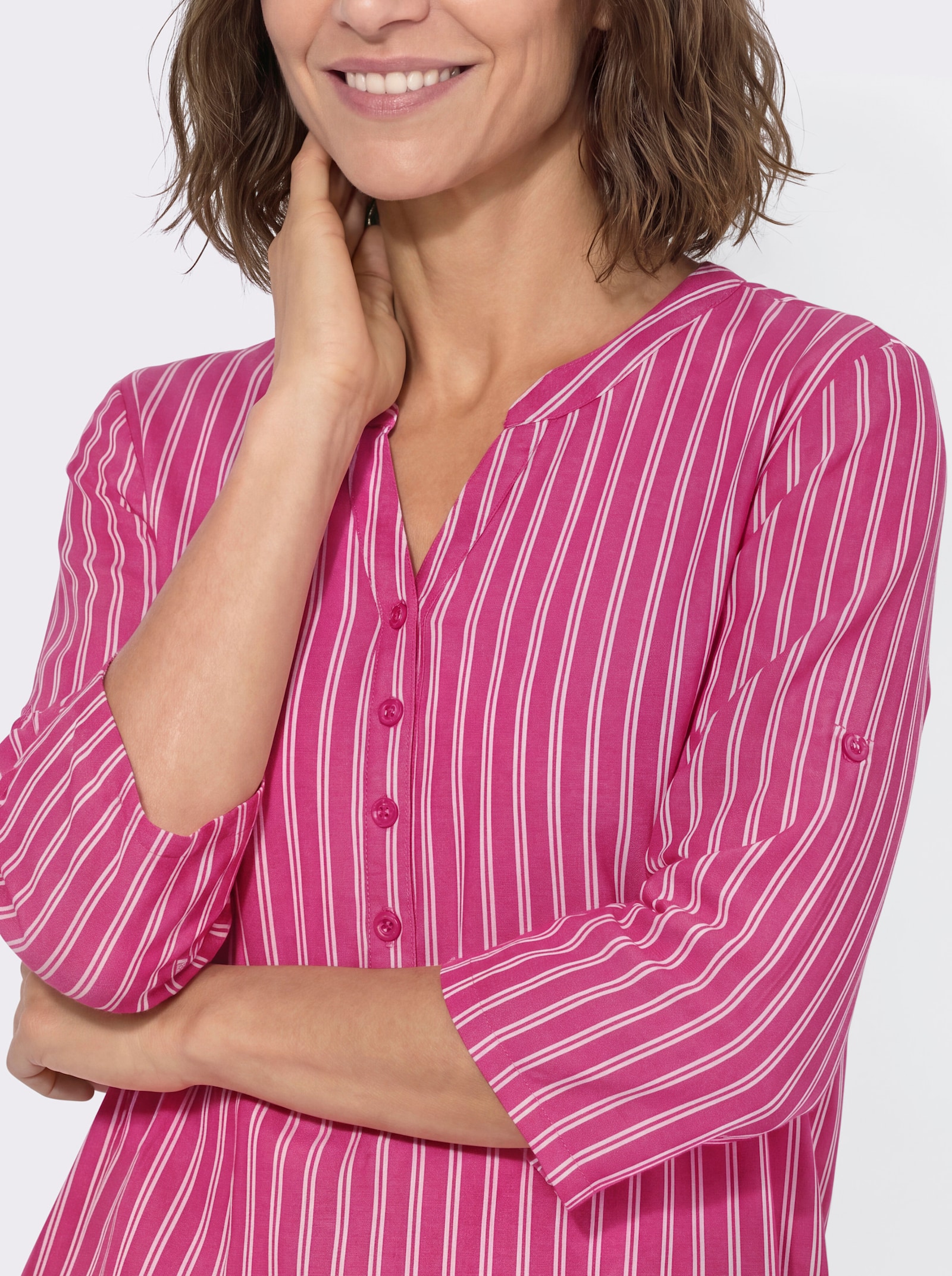 Gestreifte Bluse mit hinten abgerundetem Saum - fuchsia-ecru-gestreift