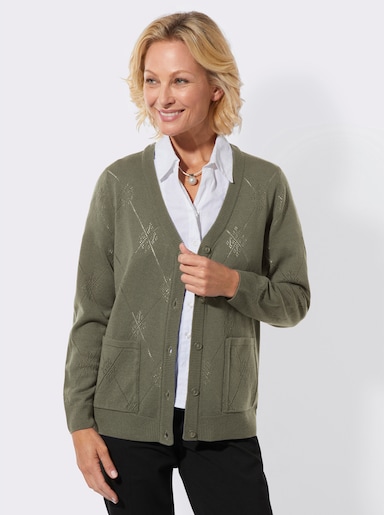 Ajourstrickjacke mit Rautenmuster - khaki